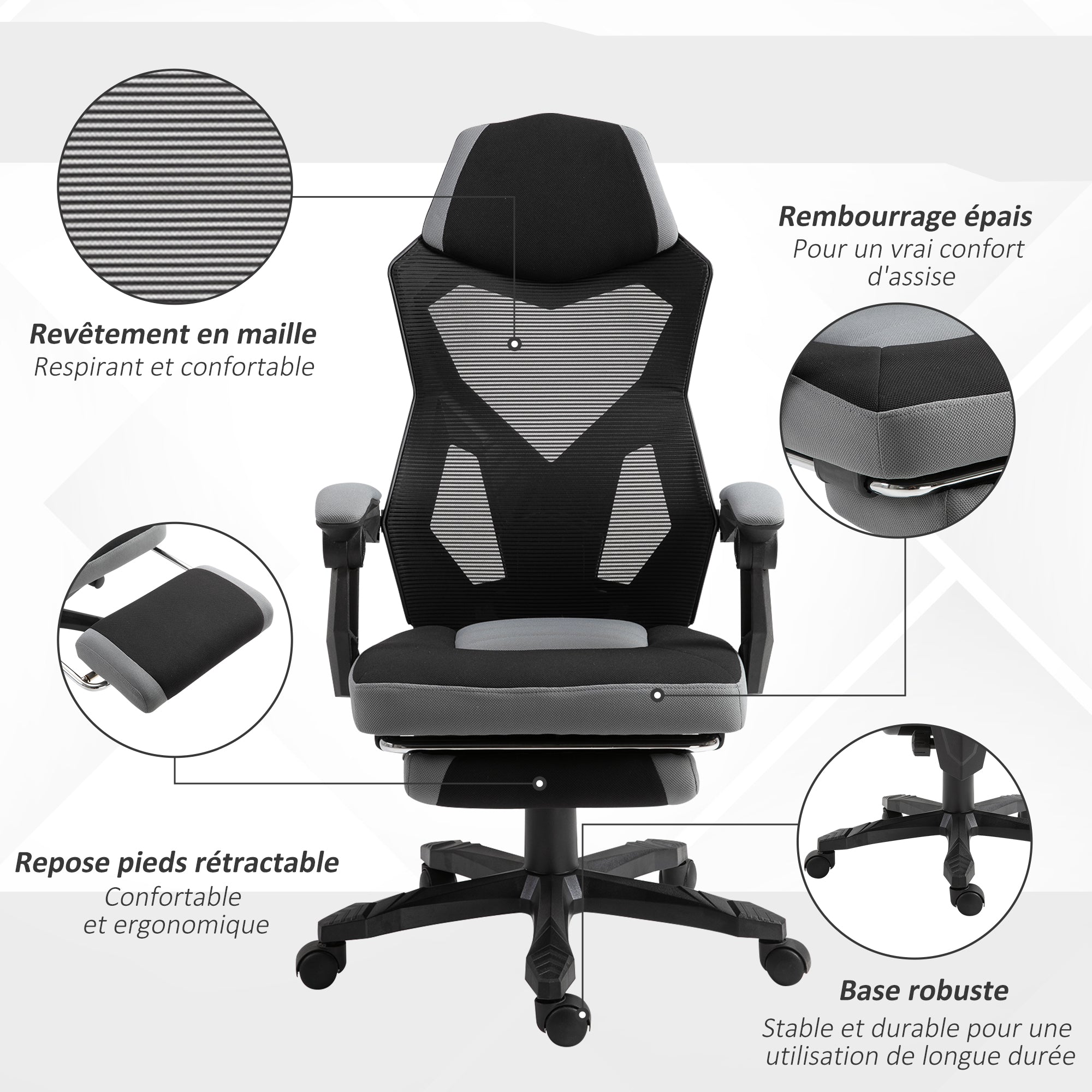 Chaise de bureau fauteuil gaming hauteur réglable dossier roulettes pivotantes repose-pied tissu en maille 58L x 63l x 112-122H cm gris noir