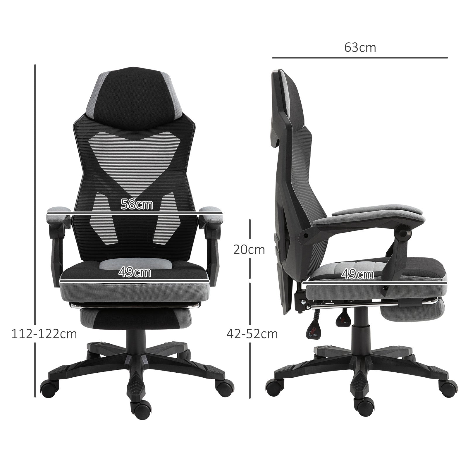 Chaise de bureau fauteuil gaming hauteur réglable dossier roulettes pivotantes repose-pied tissu en maille 58L x 63l x 112-122H cm gris noir