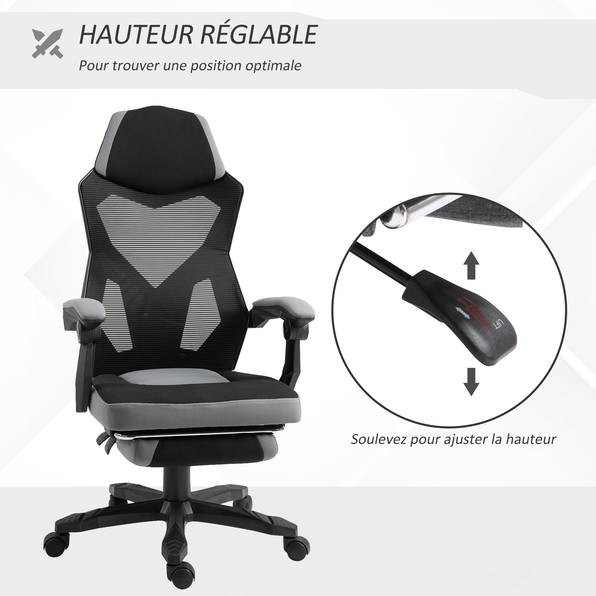 Chaise de bureau fauteuil gaming hauteur réglable dossier roulettes pivotantes repose-pied tissu en maille 58L x 63l x 112-122H cm gris noir