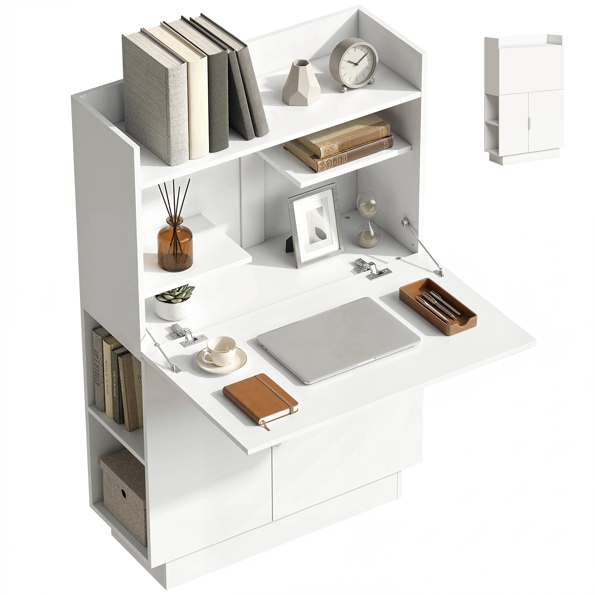 Bureau Pliant, Bureau Informatique avec Plateau Rabattable, Étagères de Rangement et Placard, Style Moderne, 80 x 30 x 128 cm, Blanc