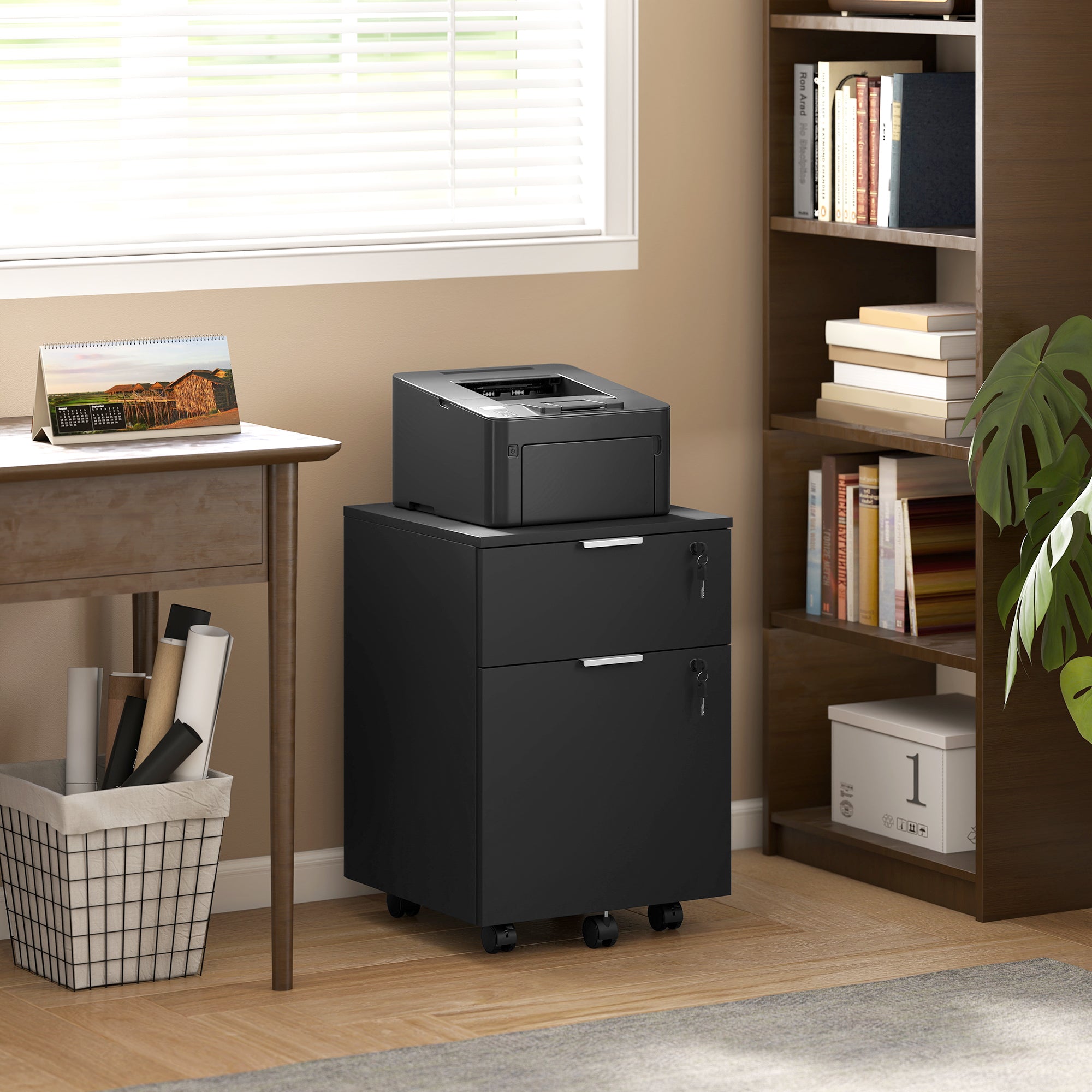 Caisson de bureau, meuble de rangement 2 tiroirs 2 barres de suspension dossier suspendu, verrouillable 2 clés, 4 roulettes 42x40x60 cm noir