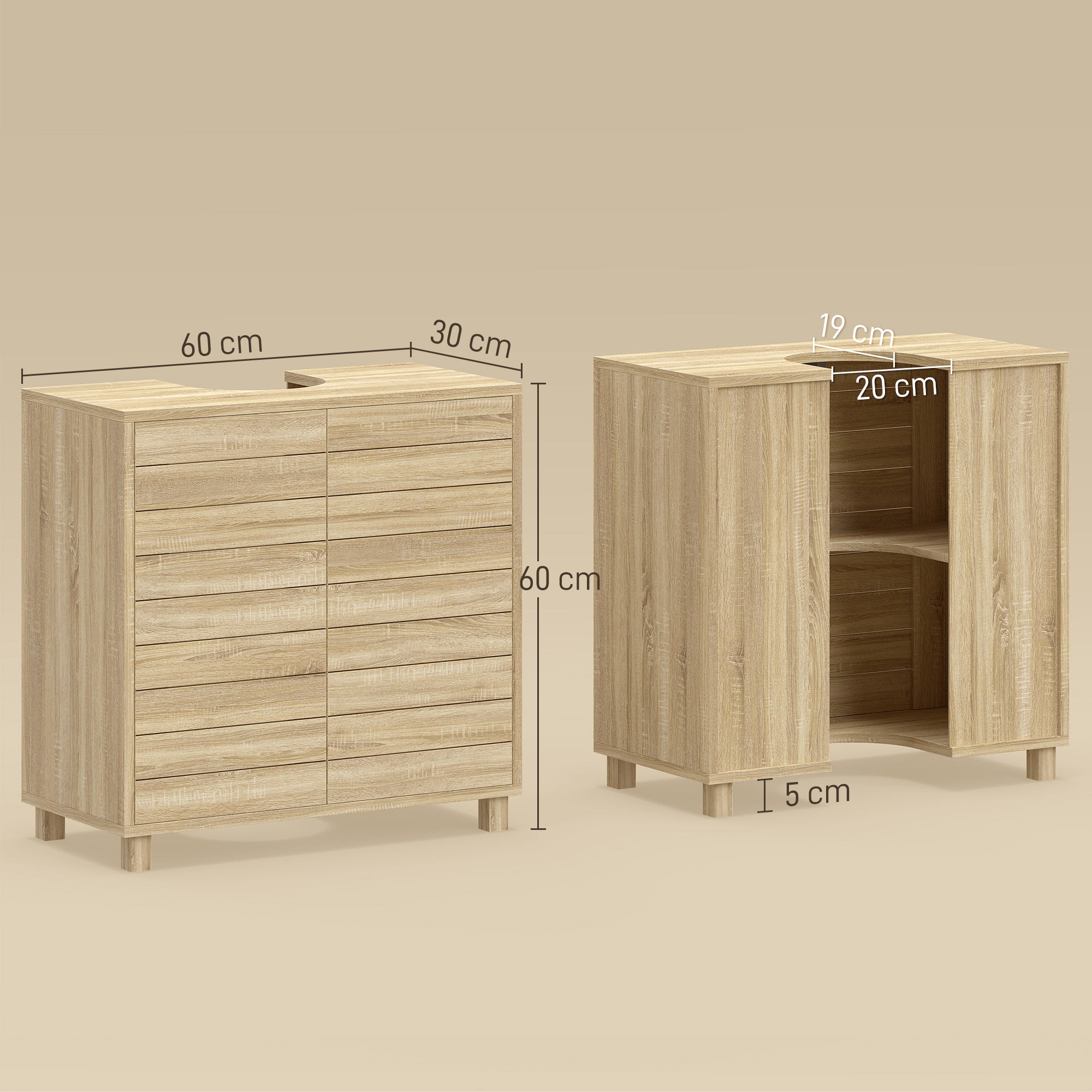 Meuble sous Lavabo, Meuble de Salle de Bain avec Découpe en Forme U, Portes à Lattes, Étagère Réglable, Ouverture par Pression, 60 x 30 x 60 cm, Naturel