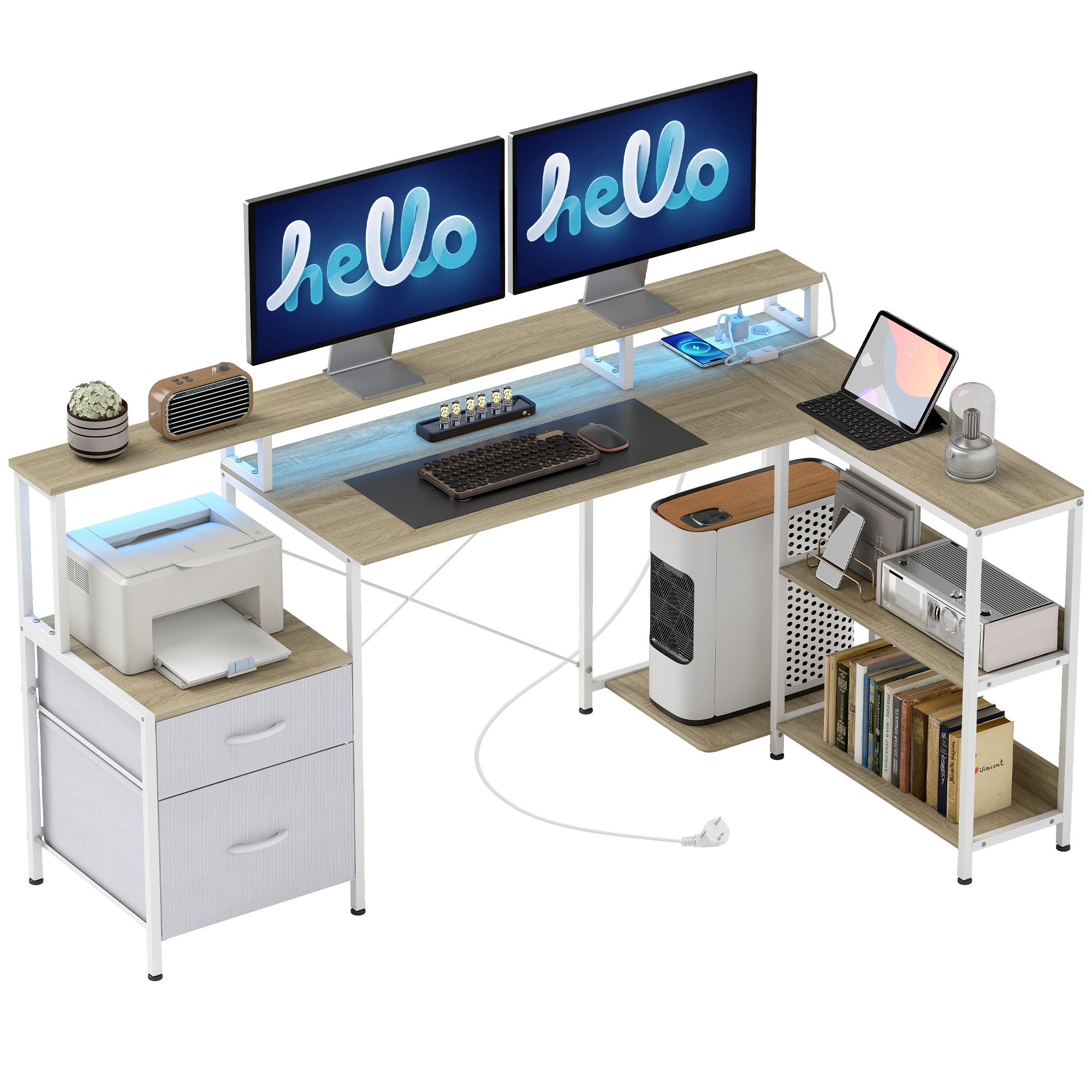 Bureau d'Angle avec Prises et Lumières LED RGB, Bureau d'Ordinateur, 172x100cm, Support d'Écran, 2 Tiroirs en Tissu, Support Imprimante, Table Informatique pour Chambre ou Coin Travail, Blanc