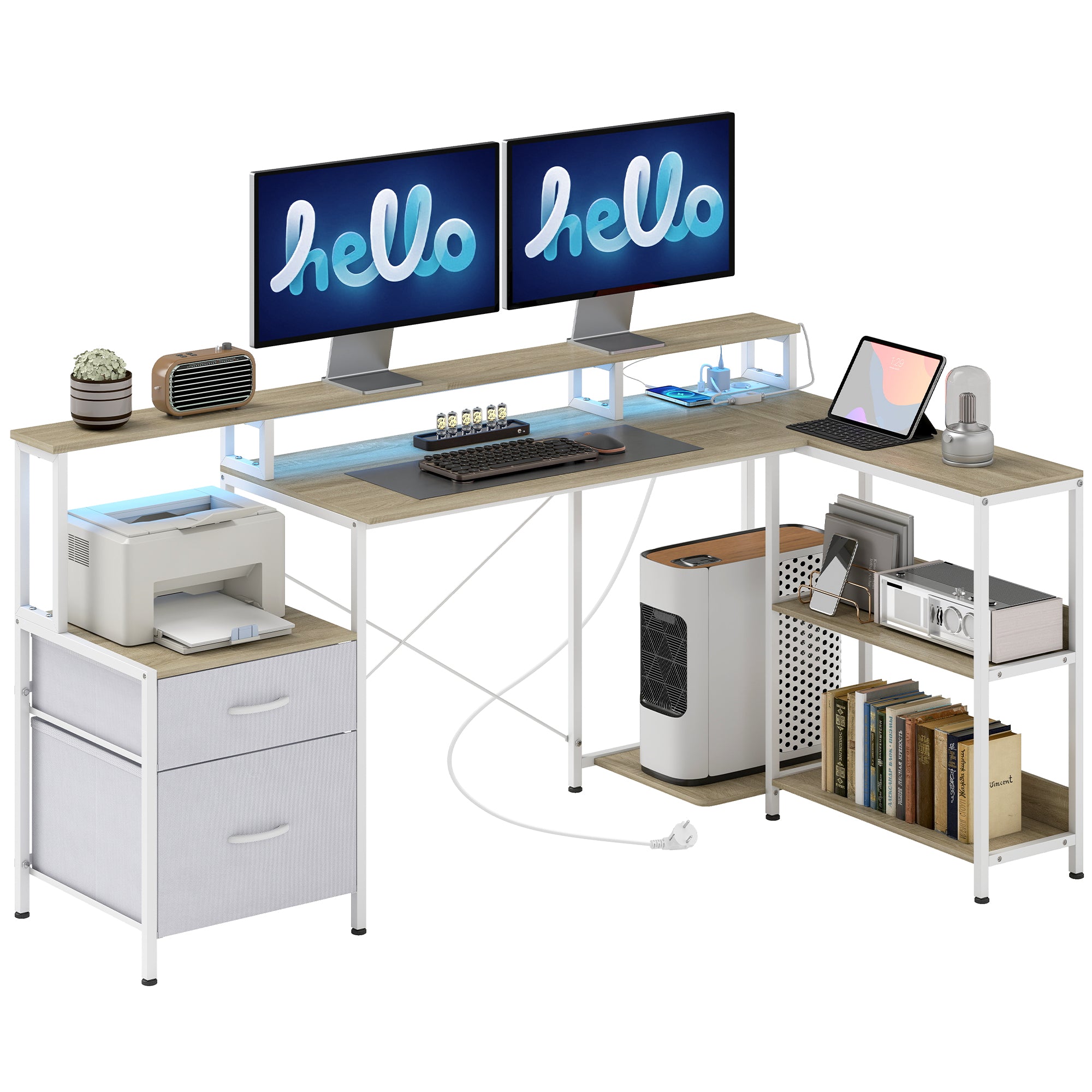 Bureau d'Angle avec Prises et Lumières LED RGB, Bureau d'Ordinateur, 172x100cm, Support d'Écran, 2 Tiroirs en Tissu, Support Imprimante, Table Informatique pour Chambre ou Coin Travail, Blanc