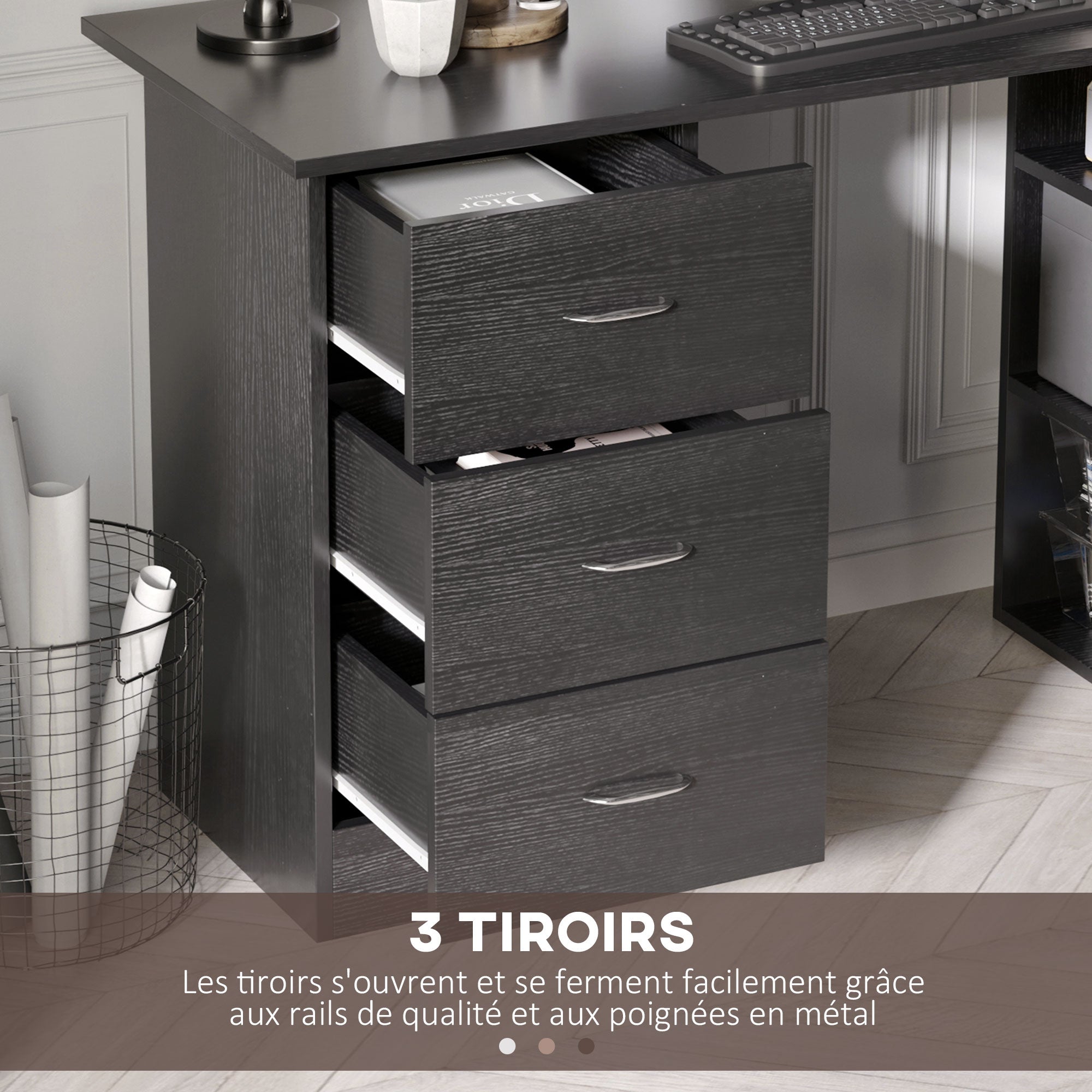 Bureau avec rangement, table informatique 120 x 50 cm, bureau d'ordinateur avec étagères et tiroirs, pour petits espaces, chambre à coucher, noir