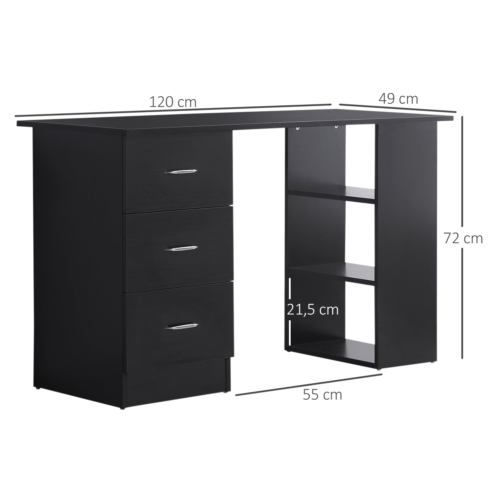 Bureau avec rangement, table informatique 120 x 50 cm, bureau d'ordinateur avec étagères et tiroirs, pour petits espaces, chambre à coucher, noir