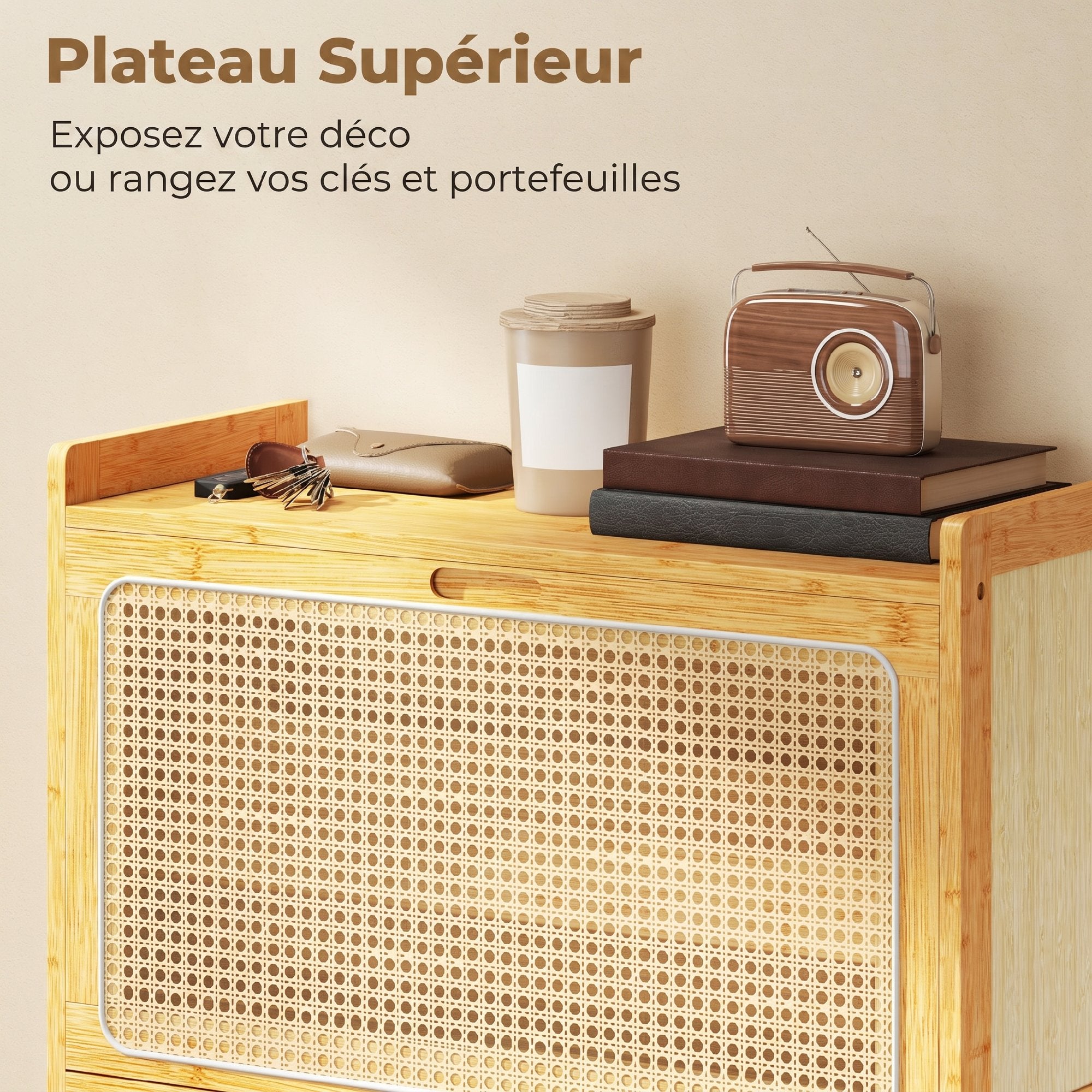 Meuble à chaussures 14 paires en bambou, armoire à chaussures étroite avec 2 tiroirs rabattables et étagères réglables, style bohème, pour couloir, entrée, 69 x 29 x 83 cm, bois naturel