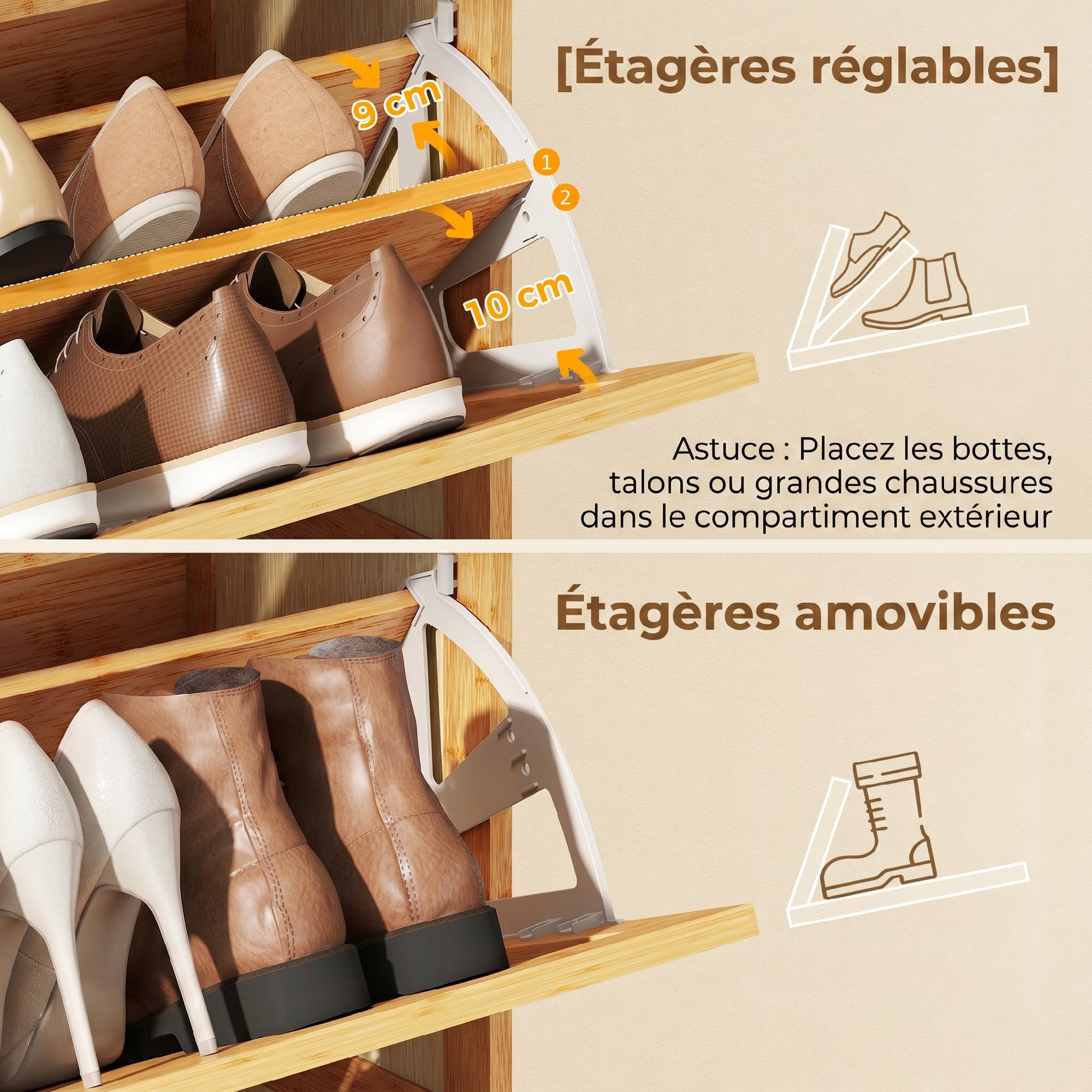 Meuble à chaussures 14 paires en bambou, armoire à chaussures étroite avec 2 tiroirs rabattables et étagères réglables, style bohème, pour couloir, entrée, 69 x 29 x 83 cm, bois naturel