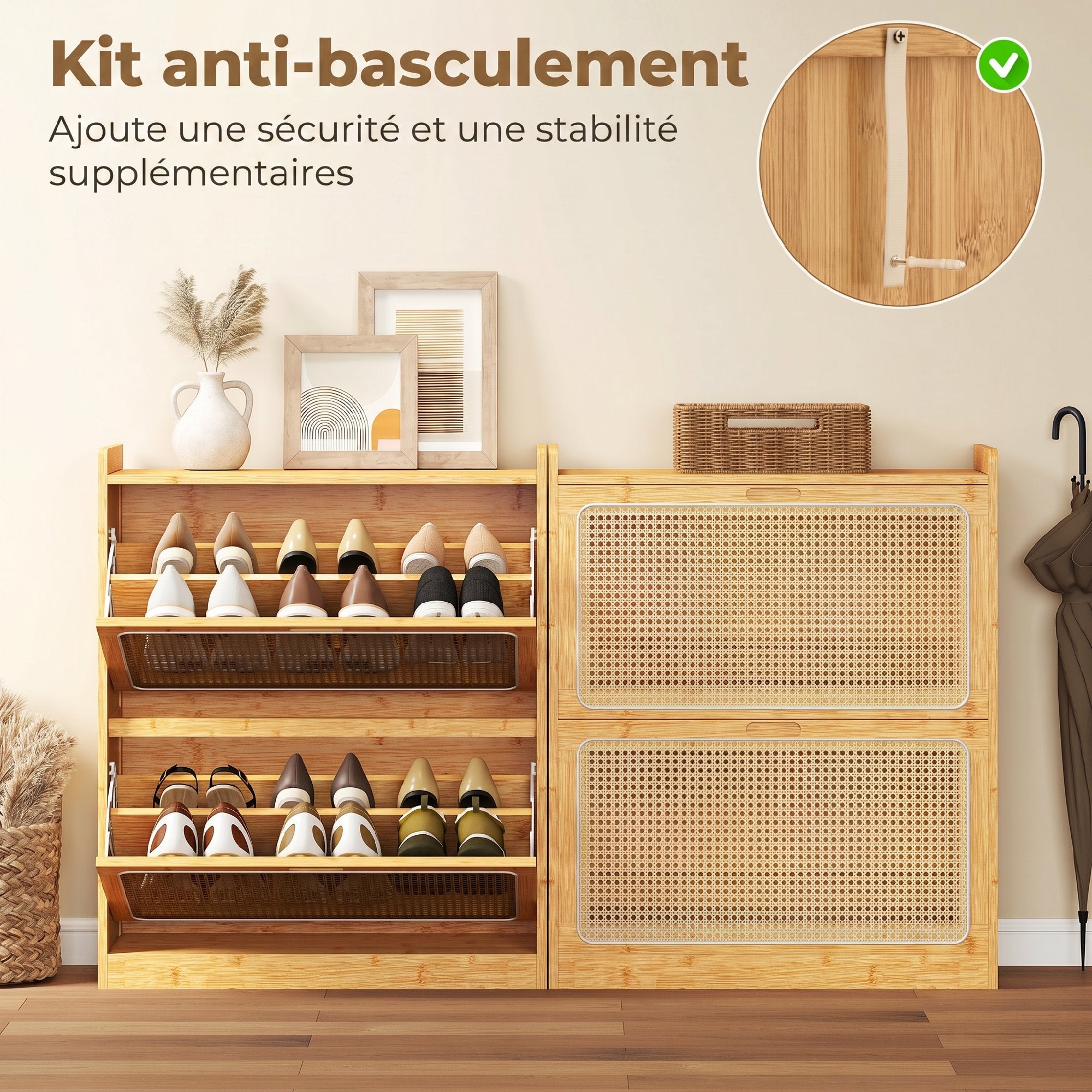 Meuble à chaussures 14 paires en bambou, armoire à chaussures étroite avec 2 tiroirs rabattables et étagères réglables, style bohème, pour couloir, entrée, 69 x 29 x 83 cm, bois naturel