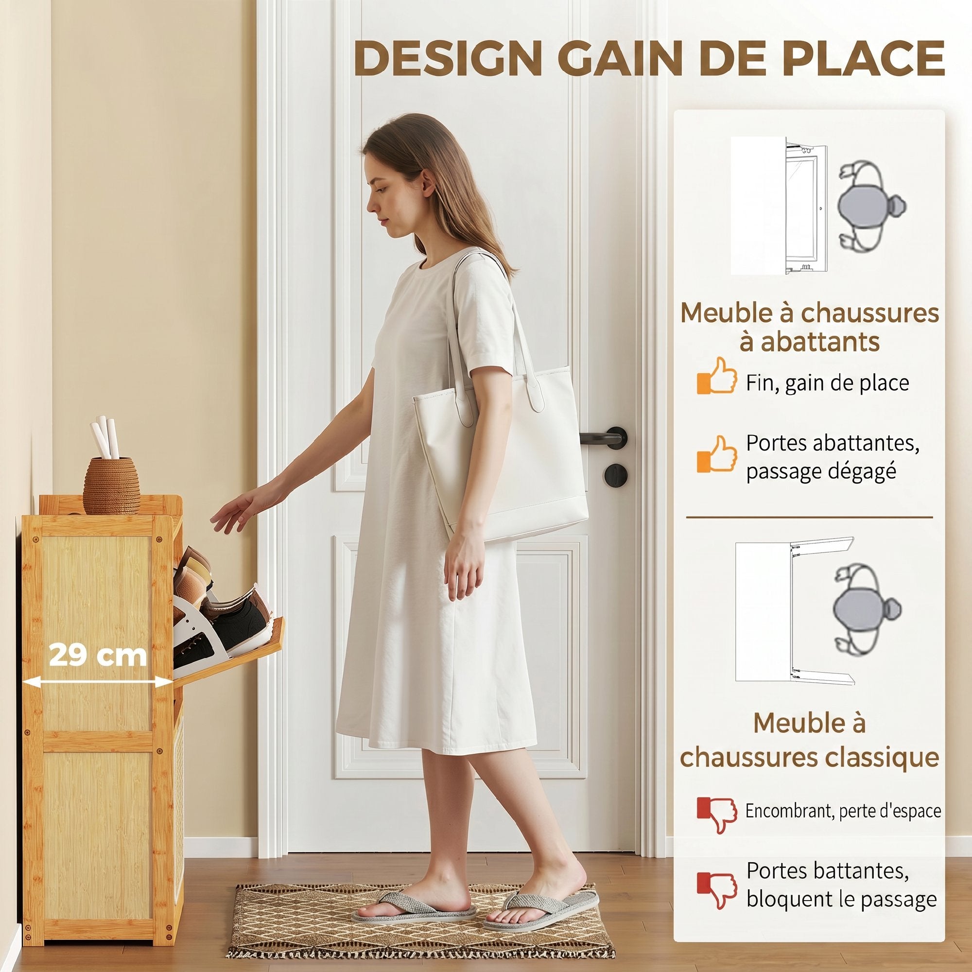 Meuble à chaussures 14 paires en bambou, armoire à chaussures étroite avec 2 tiroirs rabattables et étagères réglables, style bohème, pour couloir, entrée, 69 x 29 x 83 cm, bois naturel
