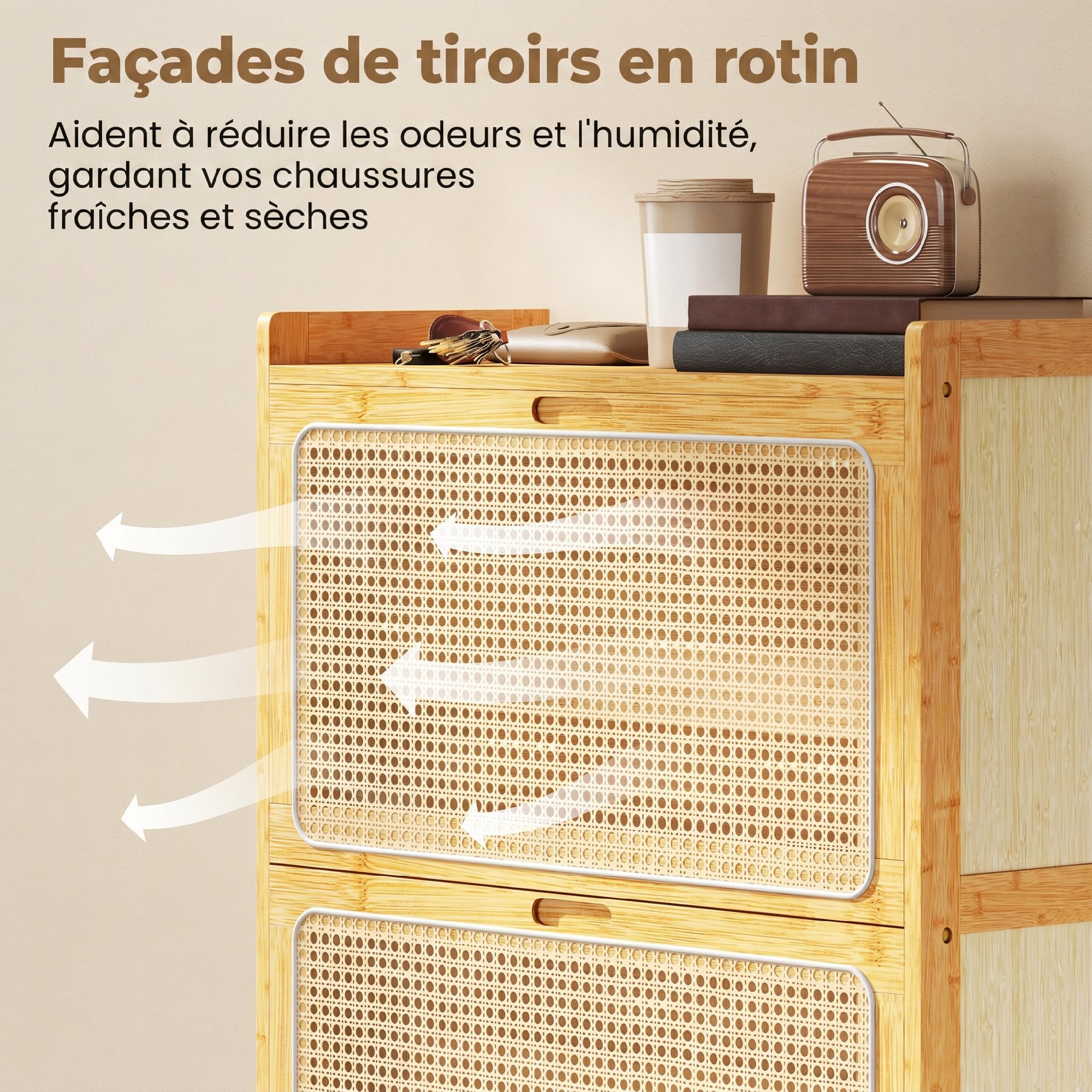 Meuble à chaussures 14 paires en bambou, armoire à chaussures étroite avec 2 tiroirs rabattables et étagères réglables, style bohème, pour couloir, entrée, 69 x 29 x 83 cm, bois naturel