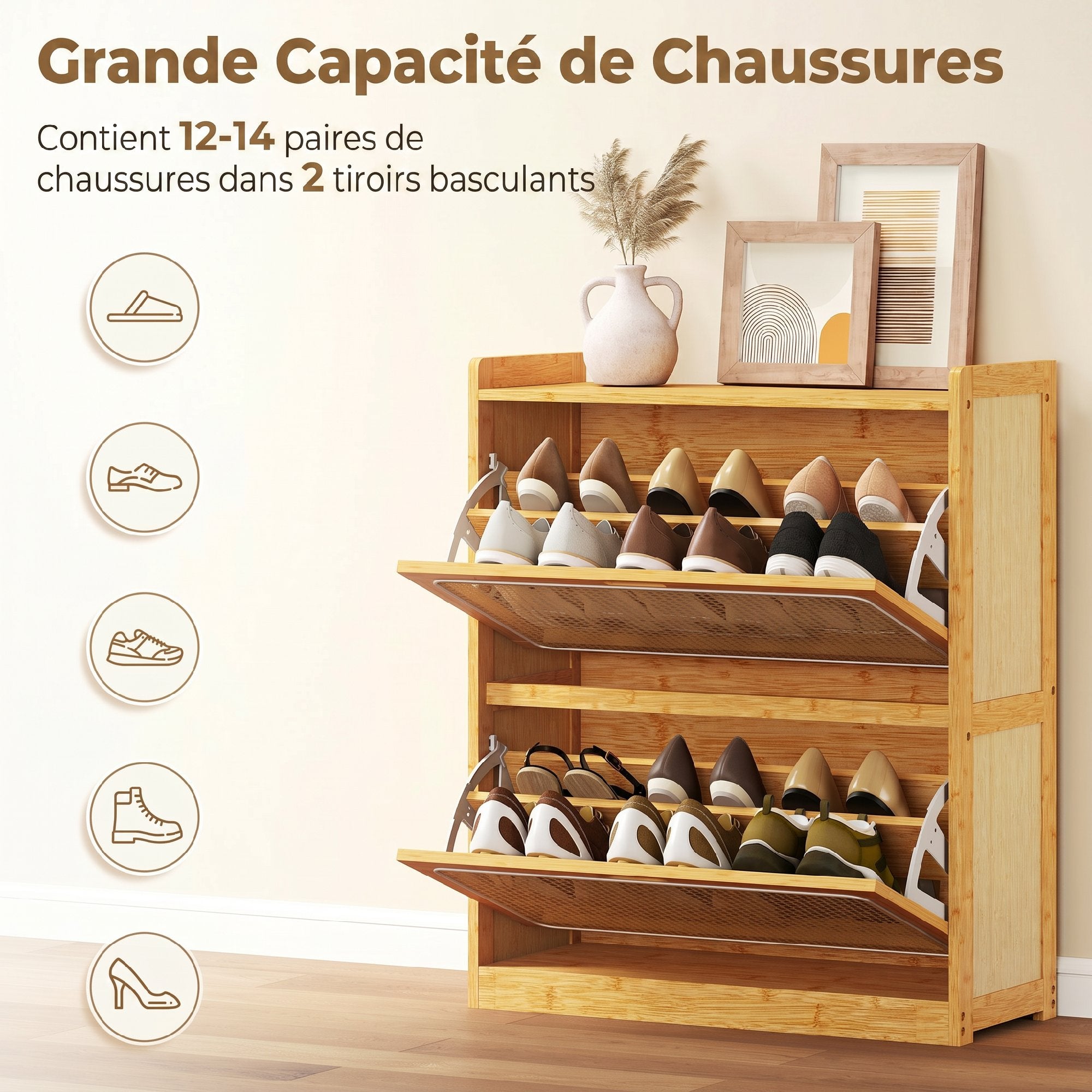 Meuble à chaussures 14 paires en bambou, armoire à chaussures étroite avec 2 tiroirs rabattables et étagères réglables, style bohème, pour couloir, entrée, 69 x 29 x 83 cm, bois naturel