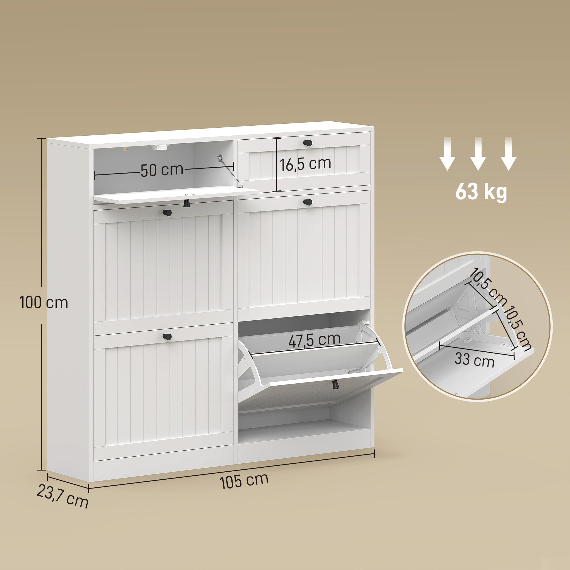 Meuble à chaussures 20 paires, armoire à chaussures étroite avec 4 tiroirs rabattables, 2 compartiments et étagères réglables, style rustique, pour couloir, entrée, 105 x 23,7 x 100 cm, blanc