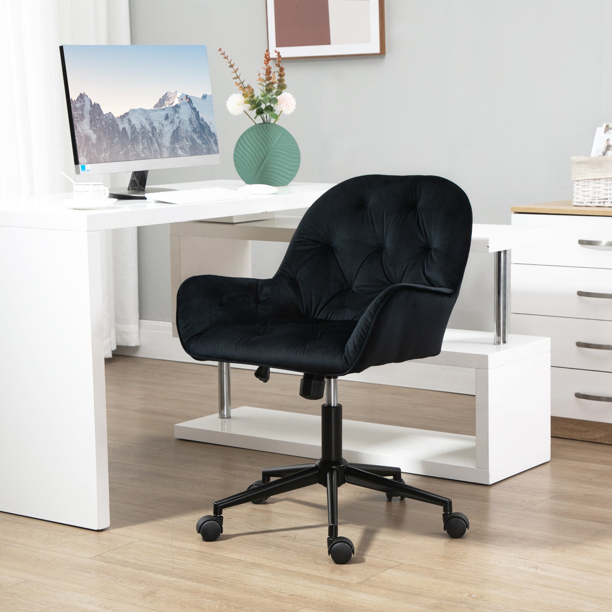 Chaise de bureau, fauteuil de bureau en aspect velours, siège pivotant à 360°, réglable en hauteur, dossier arrondi chaise ergonomique charge 120 kg pour chambre, salon, noir