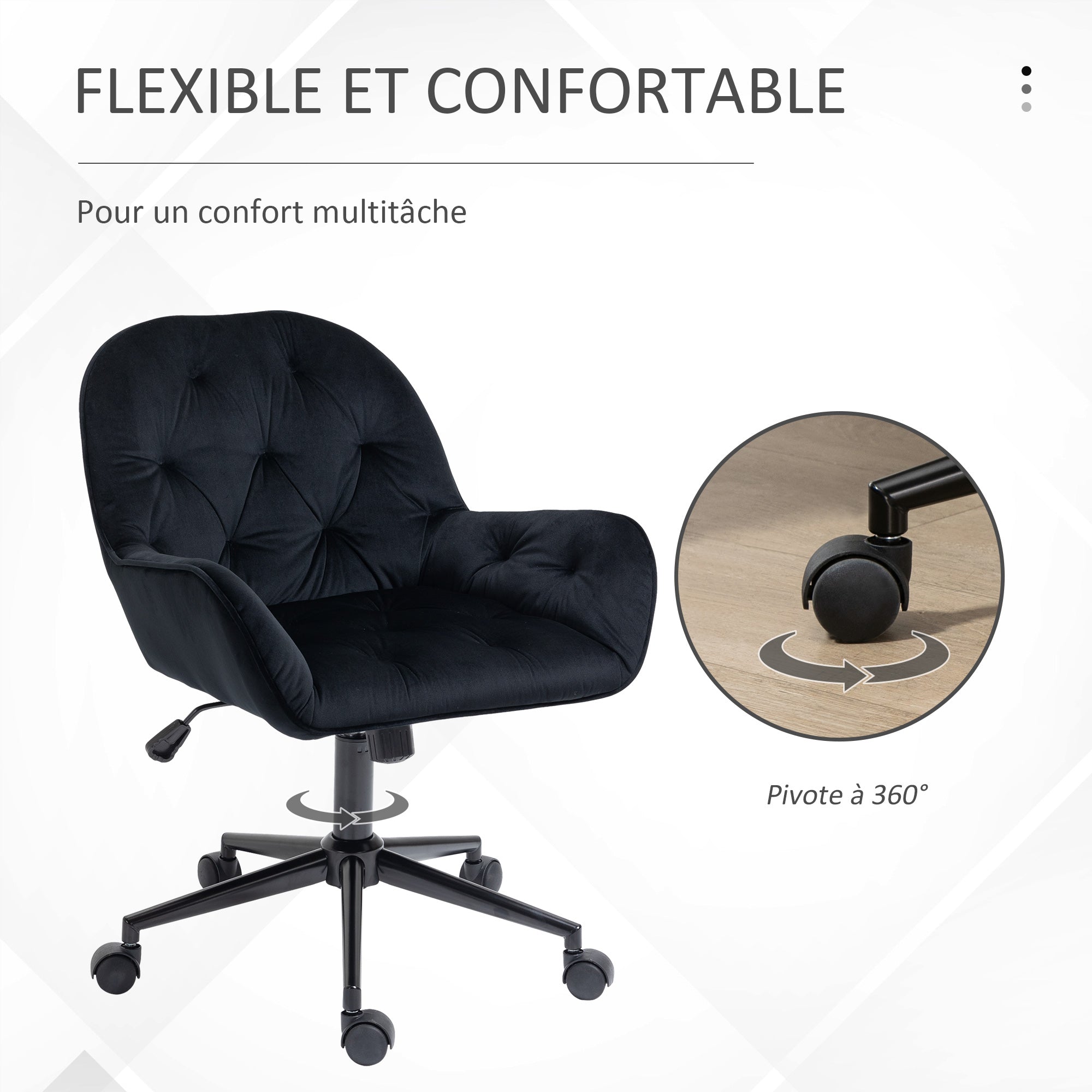 Chaise de bureau, fauteuil de bureau en aspect velours, siège pivotant à 360°, réglable en hauteur, dossier arrondi chaise ergonomique charge 120 kg pour chambre, salon, noir