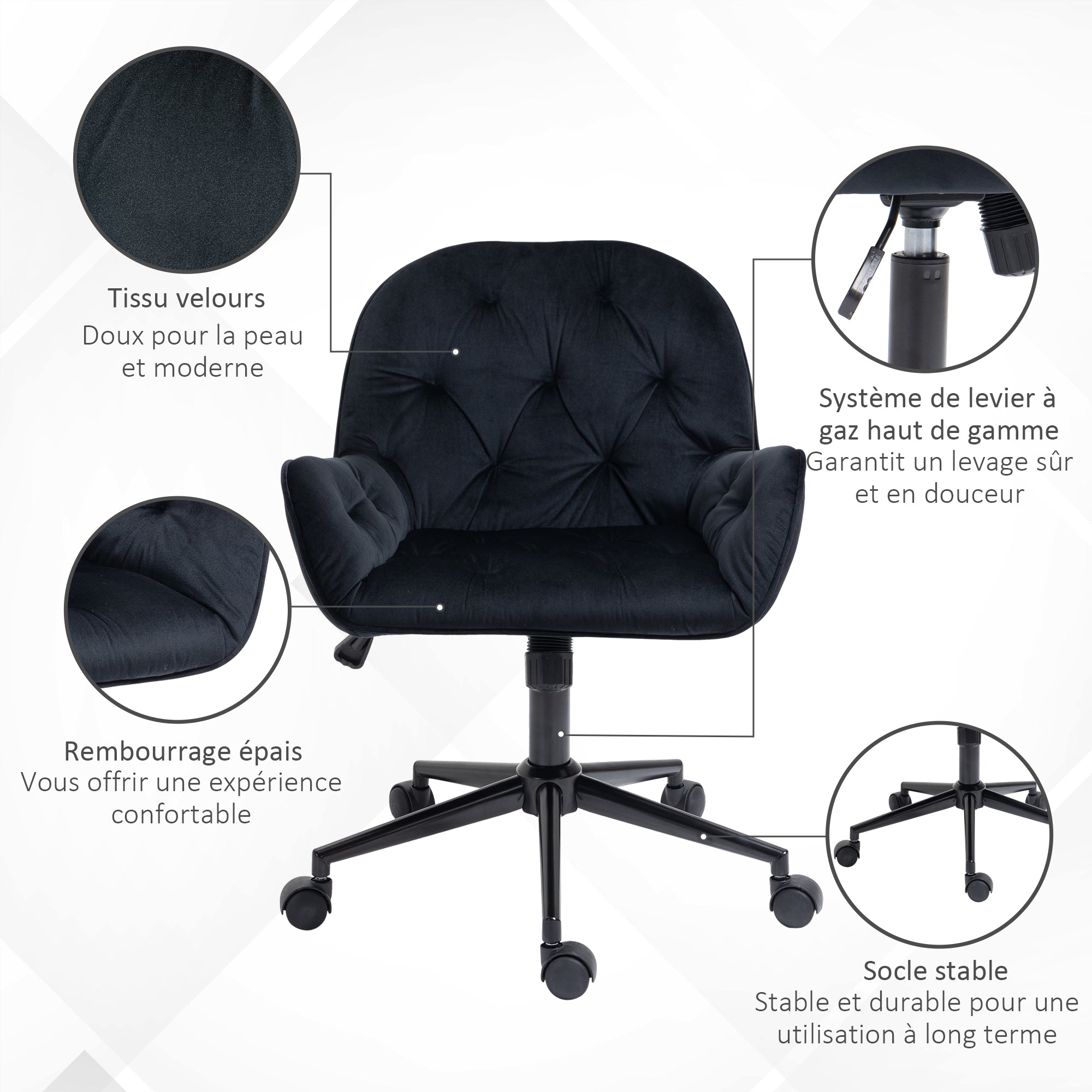 Chaise de bureau, fauteuil de bureau en aspect velours, siège pivotant à 360°, réglable en hauteur, dossier arrondi chaise ergonomique charge 120 kg pour chambre, salon, noir