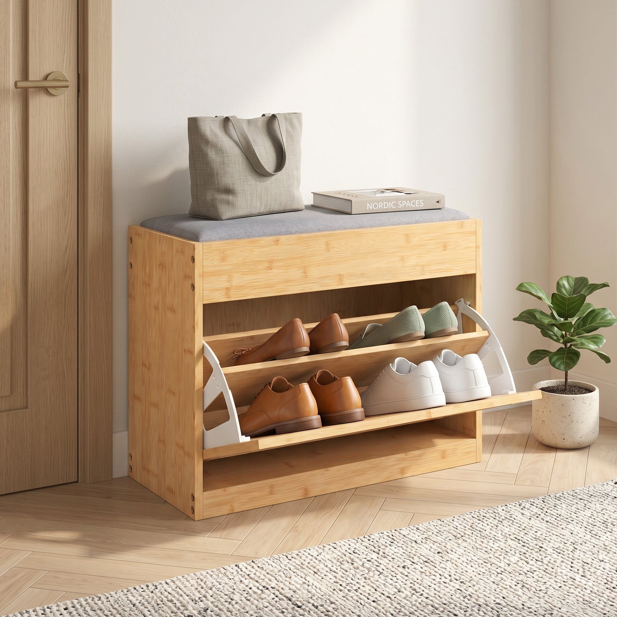 Banc chaussures entrée en bambou, banc de rangement, assise rembourrée, porte en rotin, tiroir rabattable et étagère réglable, style bohème, pour entrée, couloir, 63x29x48cm, bois naturel