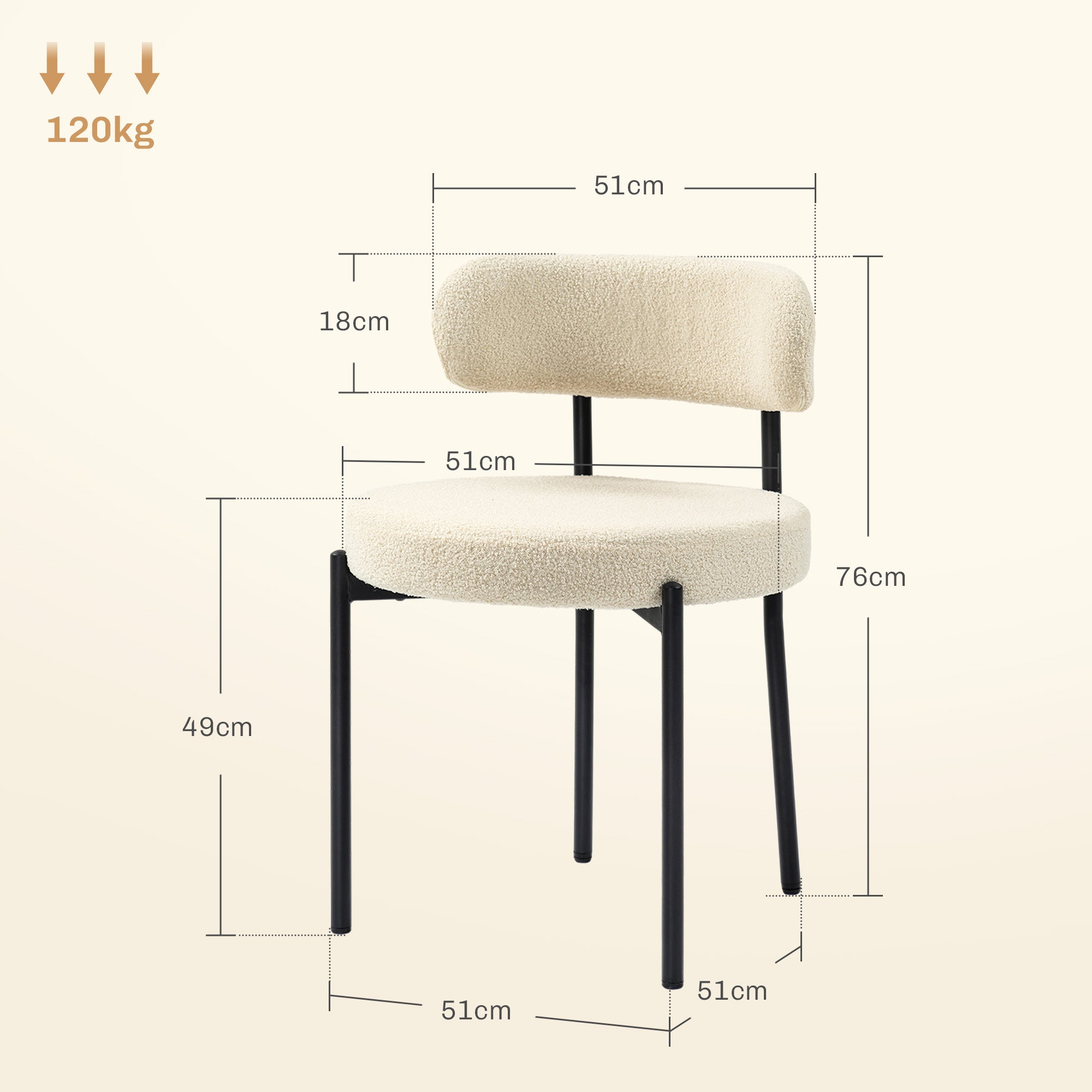 Lot de 2 chaises salle à manger chaise de cuisine moderne chaise de salon rembourrée en tissu effet laine boucleé avec dossier et pieds en acier noir, pour salon chambre, beige