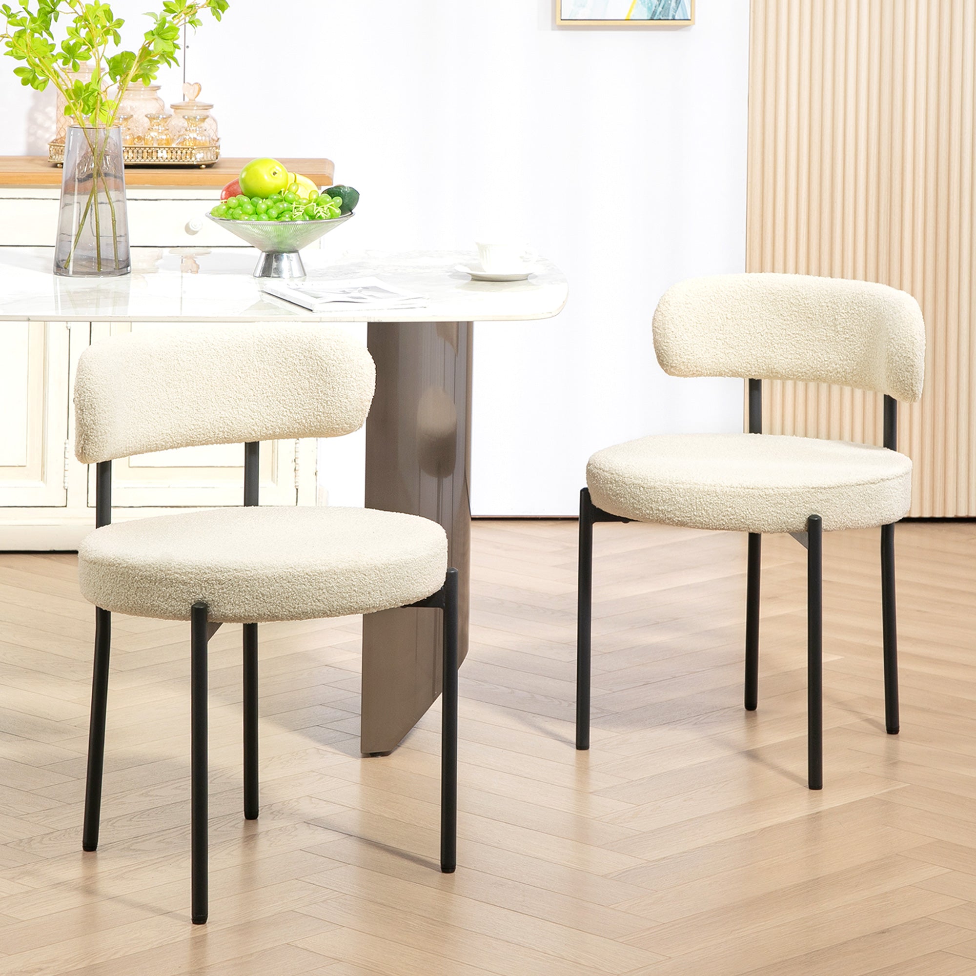 Lot de 2 chaises salle à manger chaise de cuisine moderne chaise de salon rembourrée en tissu effet laine boucleé avec dossier et pieds en acier noir, pour salon chambre, beige