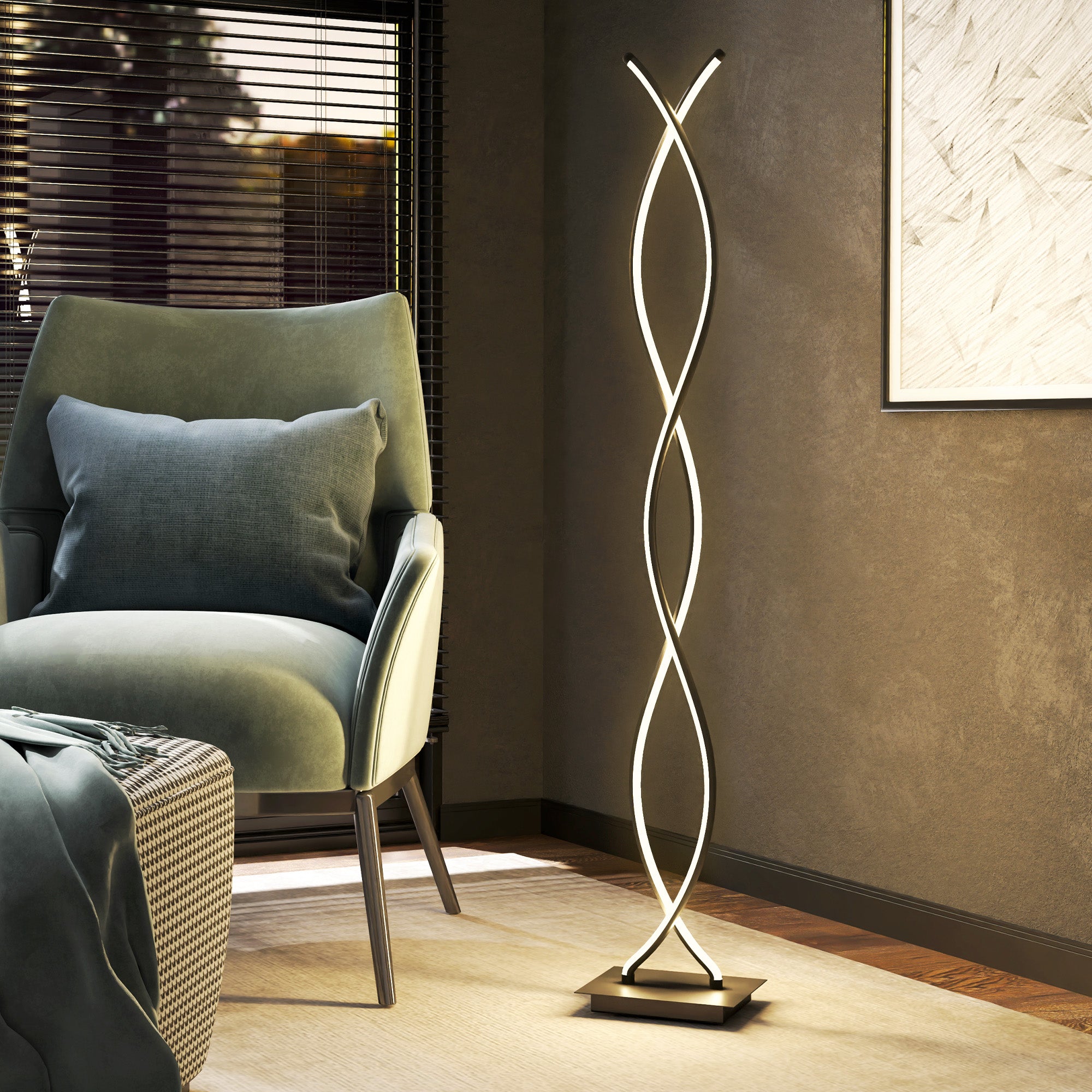 Lampadaire sur pied salon, lampe salon 3 niveaux de luminosité réglables, lampe sur pied moderne à double spirale avec interrupteur à pied, lampadaire salon, chambre à coucher, noir