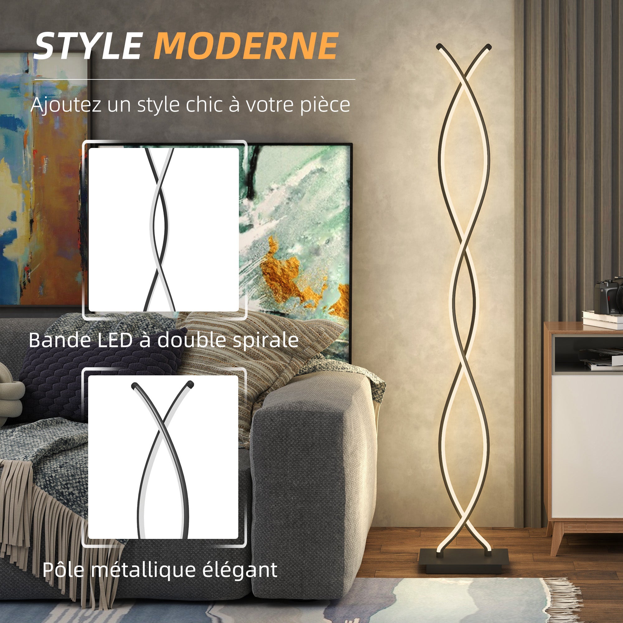 Lampadaire sur pied salon, lampe salon 3 niveaux de luminosité réglables, lampe sur pied moderne à double spirale avec interrupteur à pied, lampadaire salon, chambre à coucher, noir