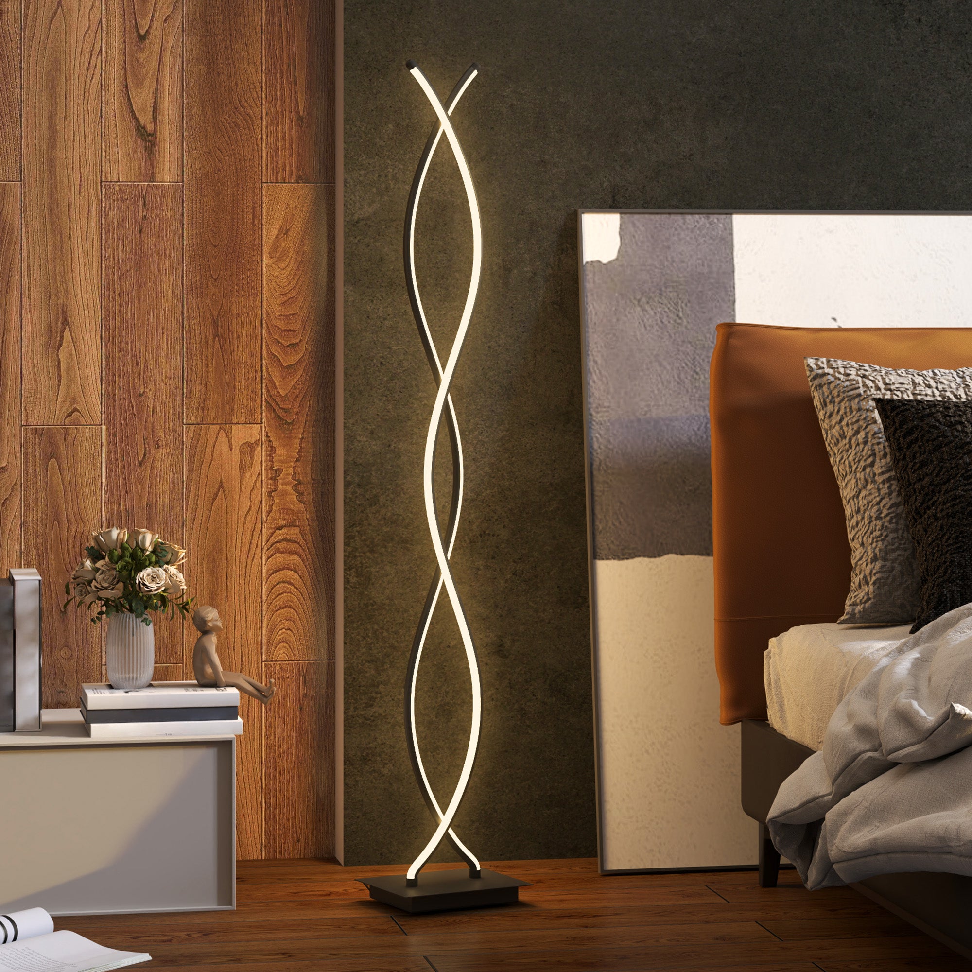 Lampadaire sur pied salon, lampe salon 3 niveaux de luminosité réglables, lampe sur pied moderne à double spirale avec interrupteur à pied, lampadaire salon, chambre à coucher, noir