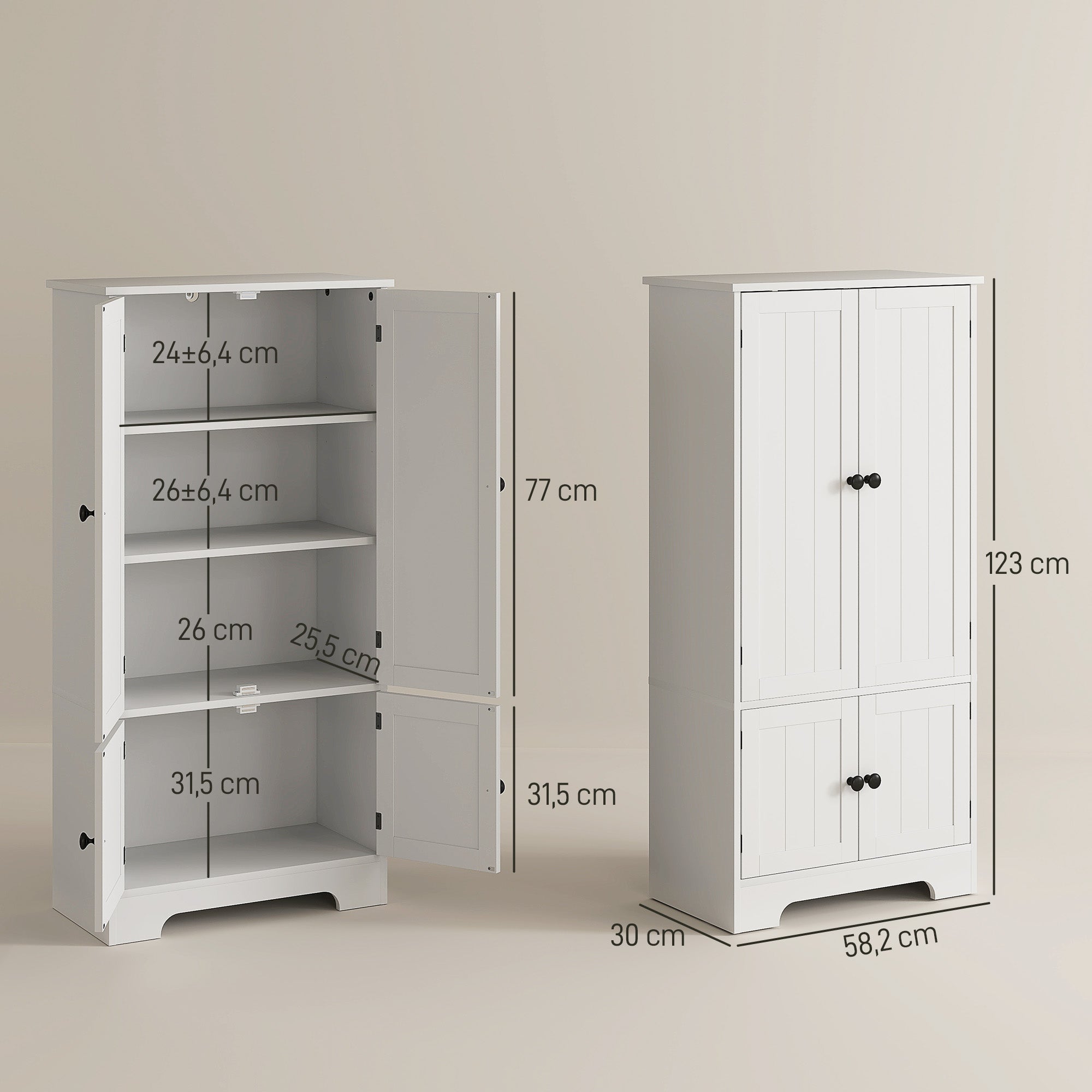 Armoire de cuisine buffet cuisine meuble de rangement avec placards et étagères réglables pour salle à manger, salon, 58,2 x 30 x 123 cm, blanc