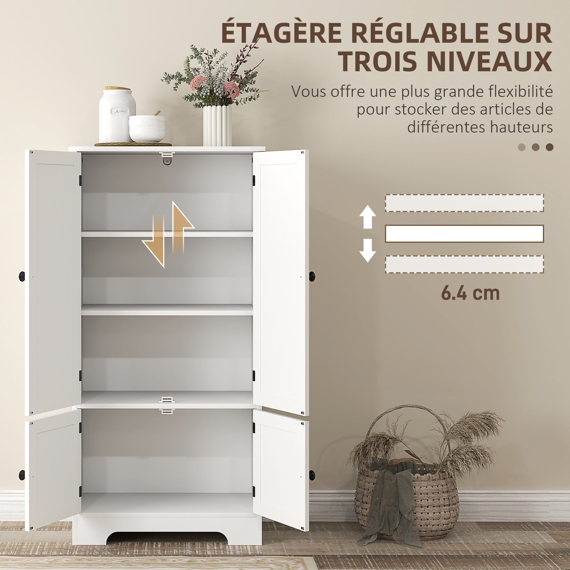 Armoire de cuisine buffet cuisine meuble de rangement avec placards et étagères réglables pour salle à manger, salon, 58,2 x 30 x 123 cm, blanc