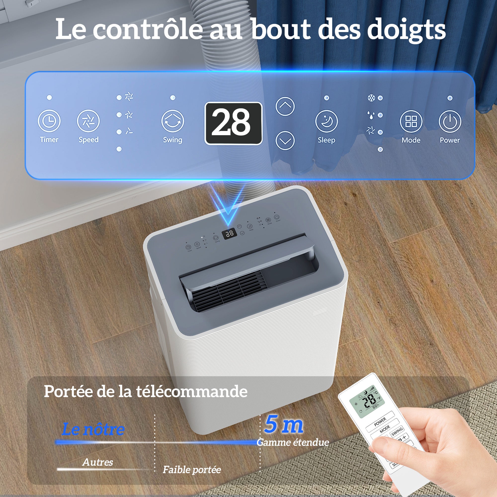 Climatiseur mobile 12000 BTU, climatiseur portable 4 en 1, refroidissement, déshumidificateur, ventilateur, mode nuit, télécommande, minuteur 24H, oscillation, 3 vitesses, pièces 35m², classe A