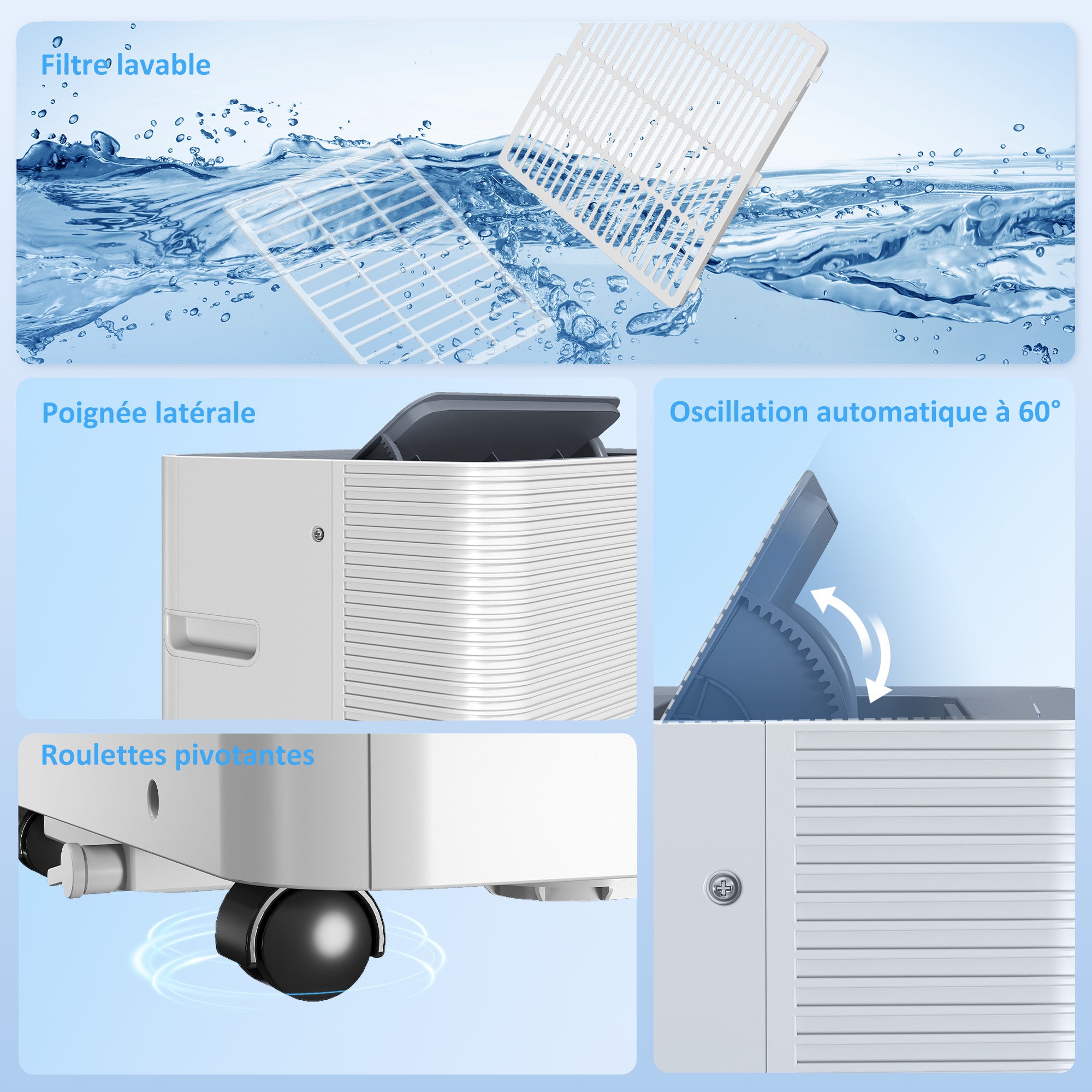 Climatiseur mobile 12000 BTU, climatiseur portable 4 en 1, refroidissement, déshumidificateur, ventilateur, mode nuit, télécommande, minuteur 24H, oscillation, 3 vitesses, pièces 35m², classe A