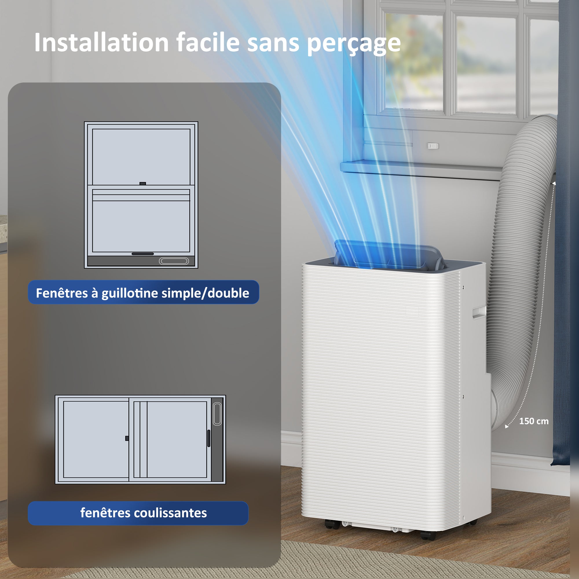 Climatiseur mobile 12000 BTU, climatiseur portable 4 en 1, refroidissement, déshumidificateur, ventilateur, mode nuit, télécommande, minuteur 24H, oscillation, 3 vitesses, pièces 35m², classe A