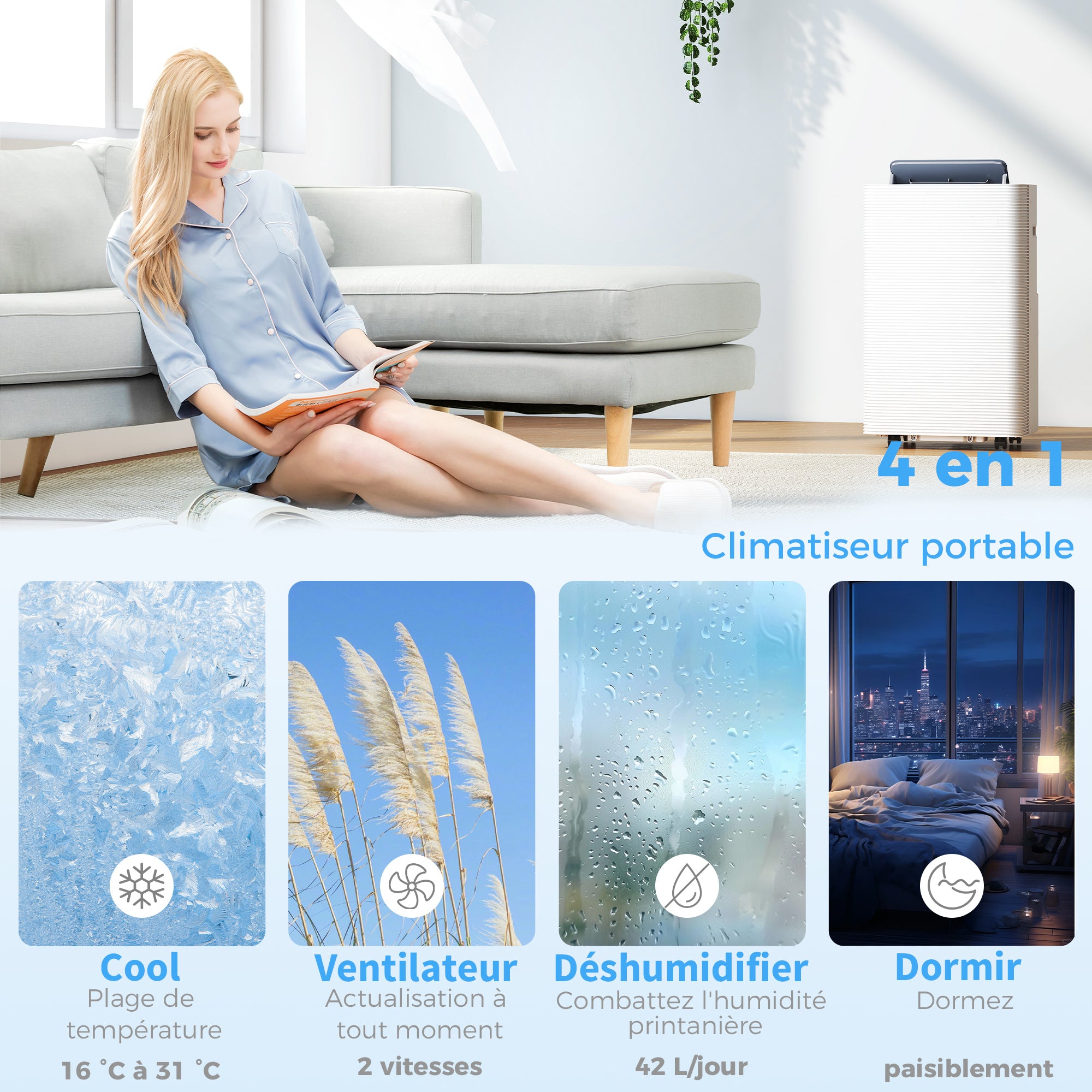 Climatiseur mobile 12000 BTU, climatiseur portable 4 en 1, refroidissement, déshumidificateur, ventilateur, mode nuit, télécommande, minuteur 24H, oscillation, 3 vitesses, pièces 35m², classe A