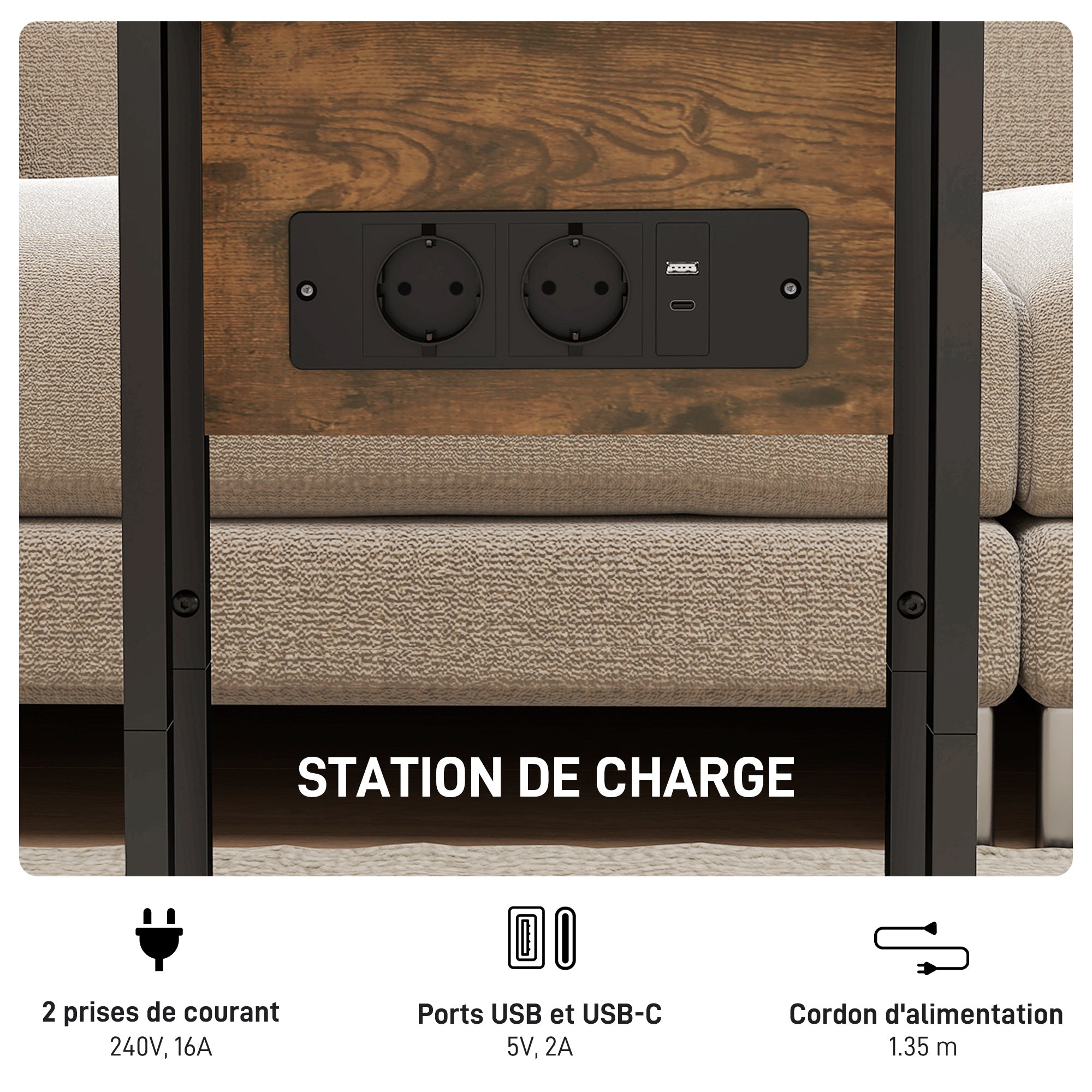 Table d'appoint avec station de charge, bout de canapé avec plateau pliable, cadre en métal, table basse pour salon, chambre, 39 x 29 x 57 cm, brun rustique et noir