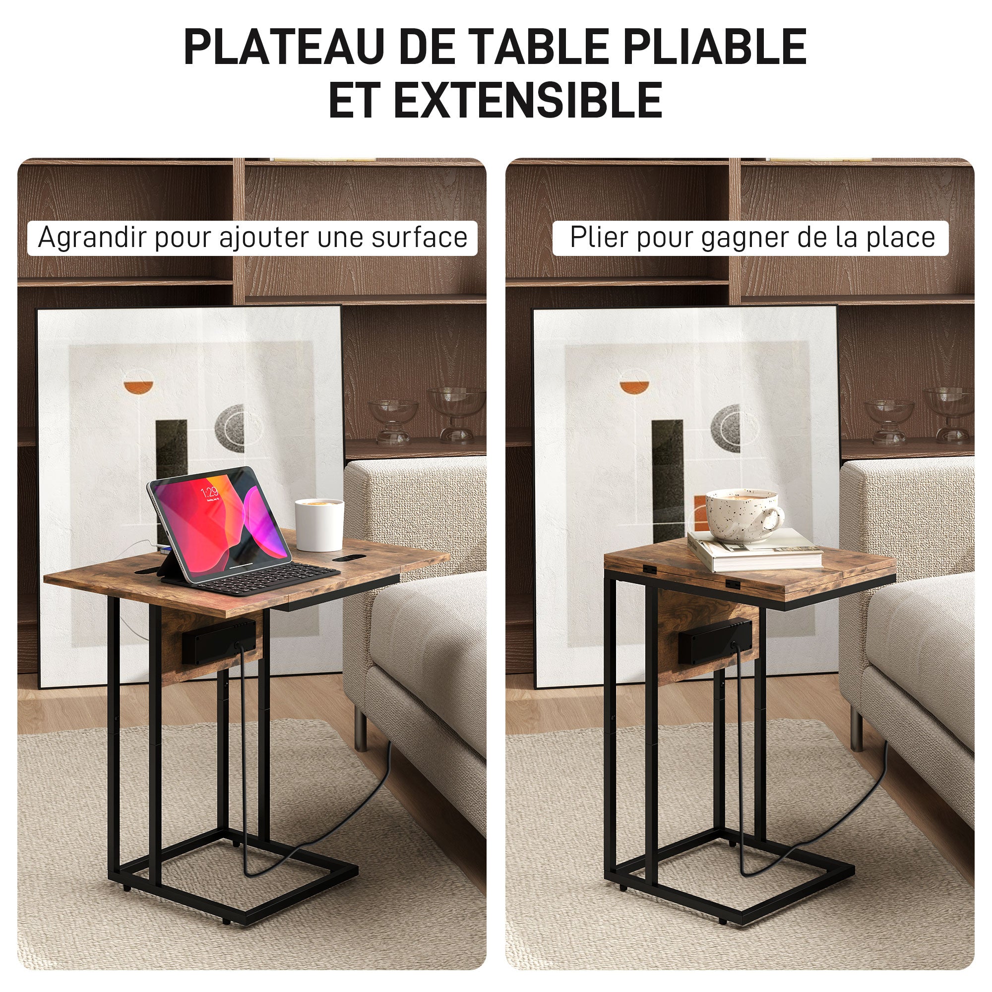 Table d'appoint avec station de charge, bout de canapé avec plateau pliable, cadre en métal, table basse pour salon, chambre, 39 x 29 x 57 cm, brun rustique et noir