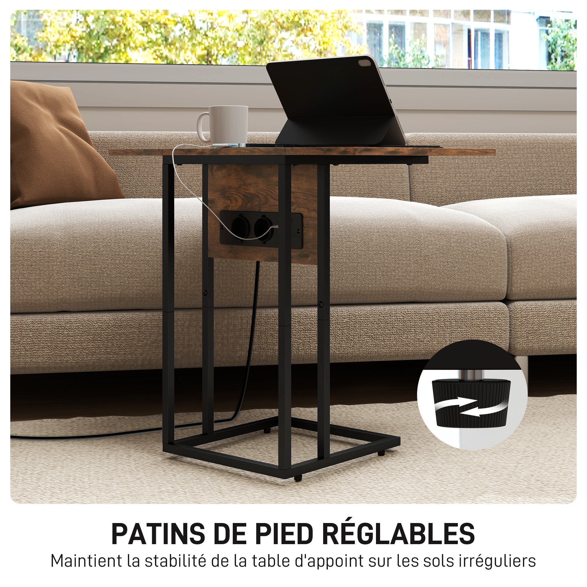 Table d'appoint avec station de charge, bout de canapé avec plateau pliable, cadre en métal, table basse pour salon, chambre, 39 x 29 x 57 cm, brun rustique et noir