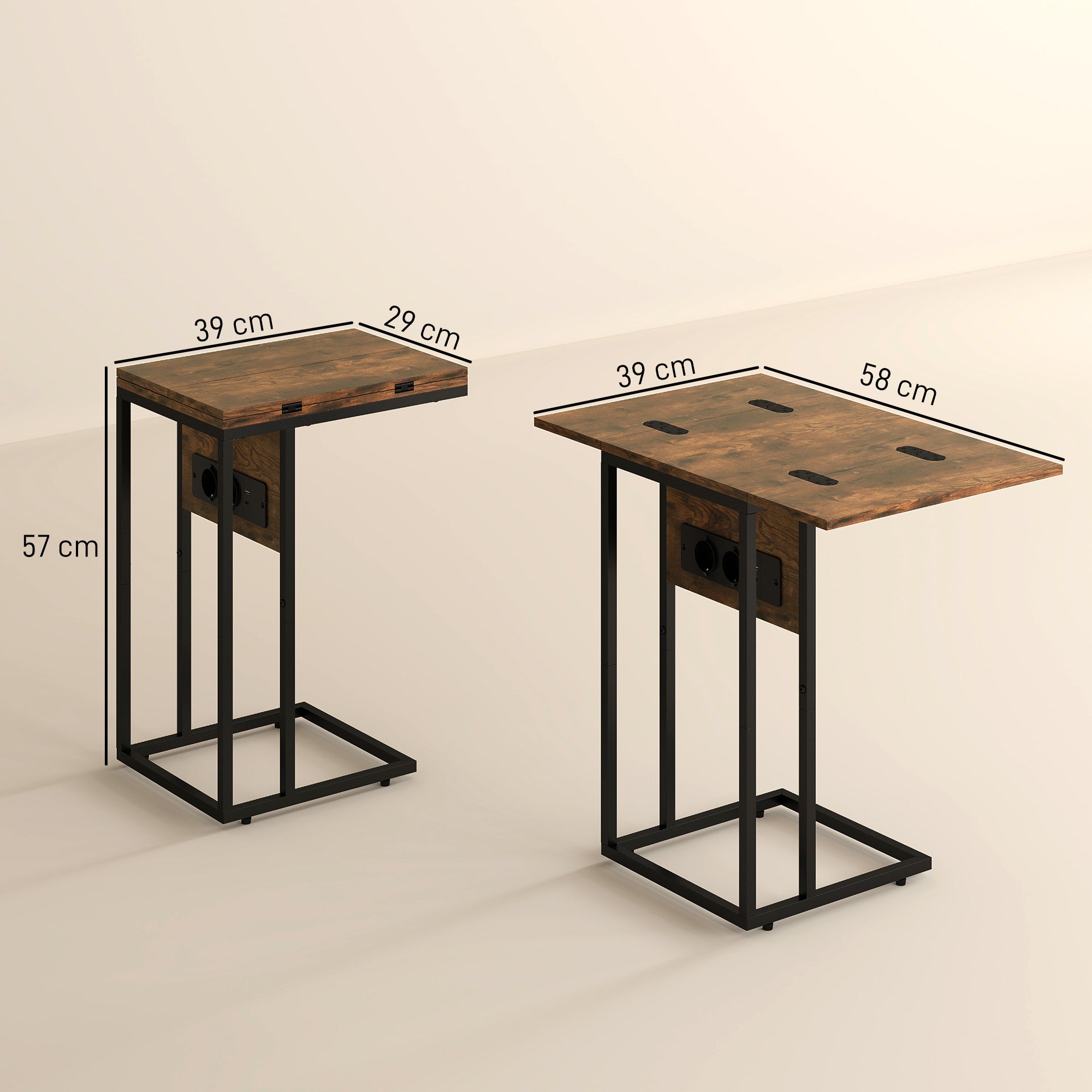 Table d'appoint avec station de charge, bout de canapé avec plateau pliable, cadre en métal, table basse pour salon, chambre, 39 x 29 x 57 cm, brun rustique et noir