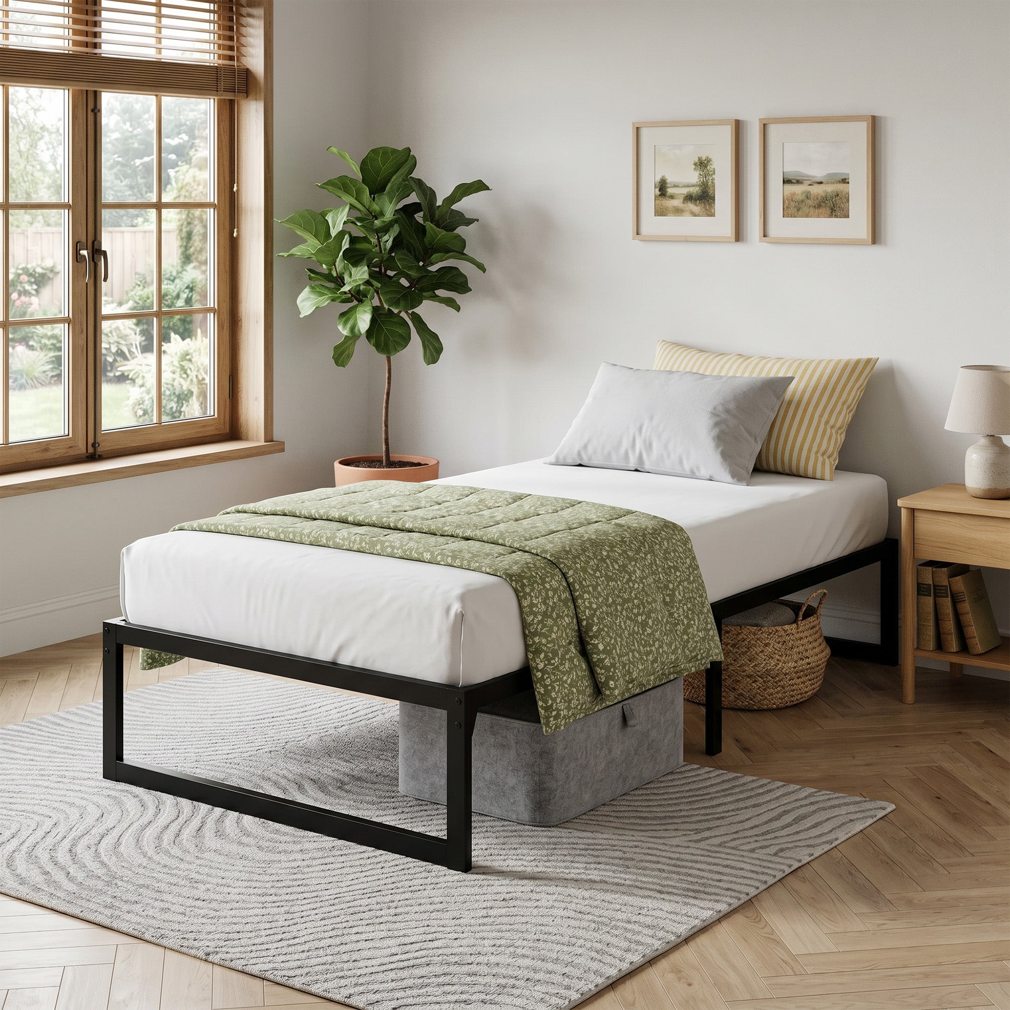 Cadre de lit 90 x 200 cm avec sommier, lit simple avec support à lattes en métal, rangement au-dessous de 32,5H cm, sans bruit, montage facile, noir