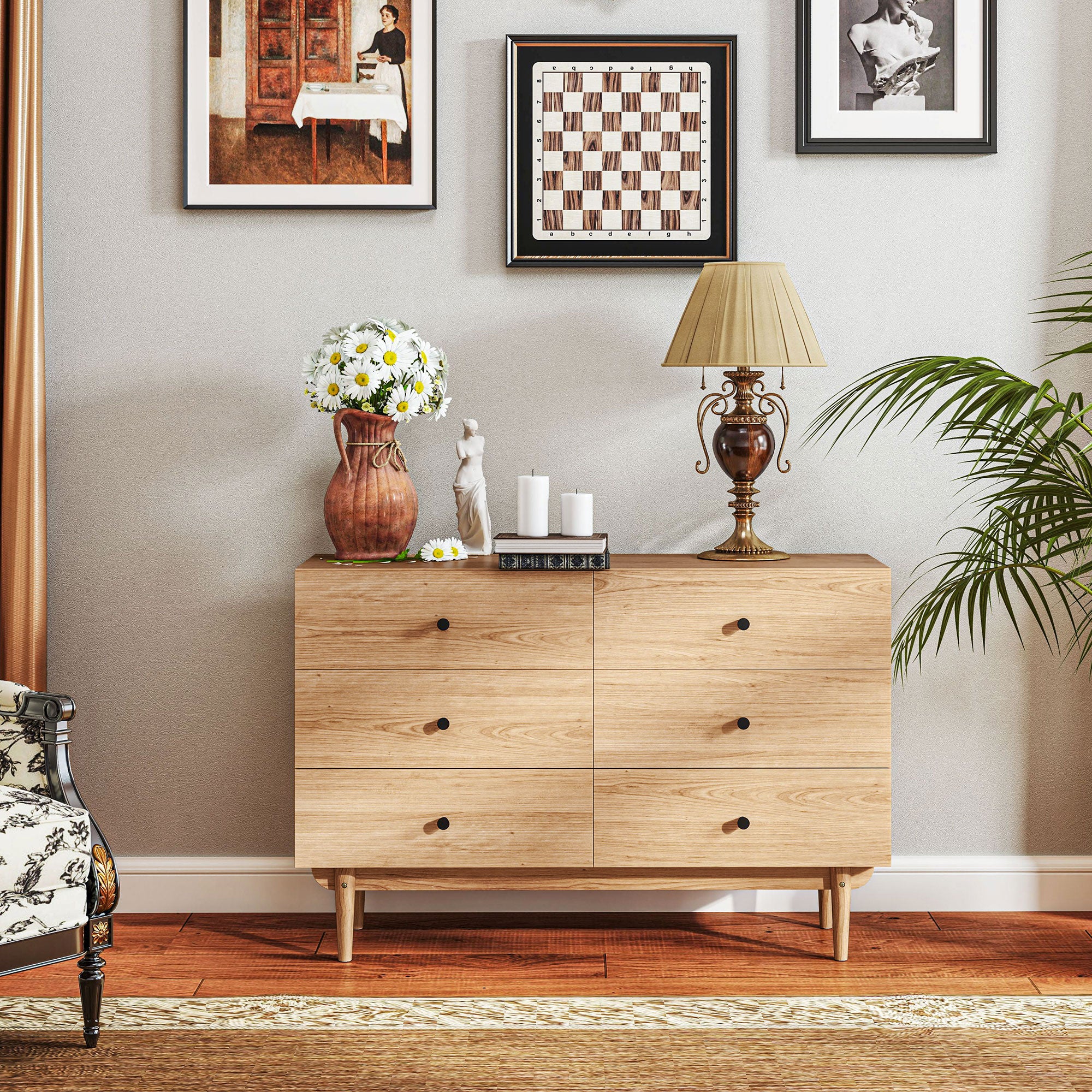 Commode 6 tiroirs meuble de rangement pieds en bois massif 120 x 40 x 80 cm couleur bois