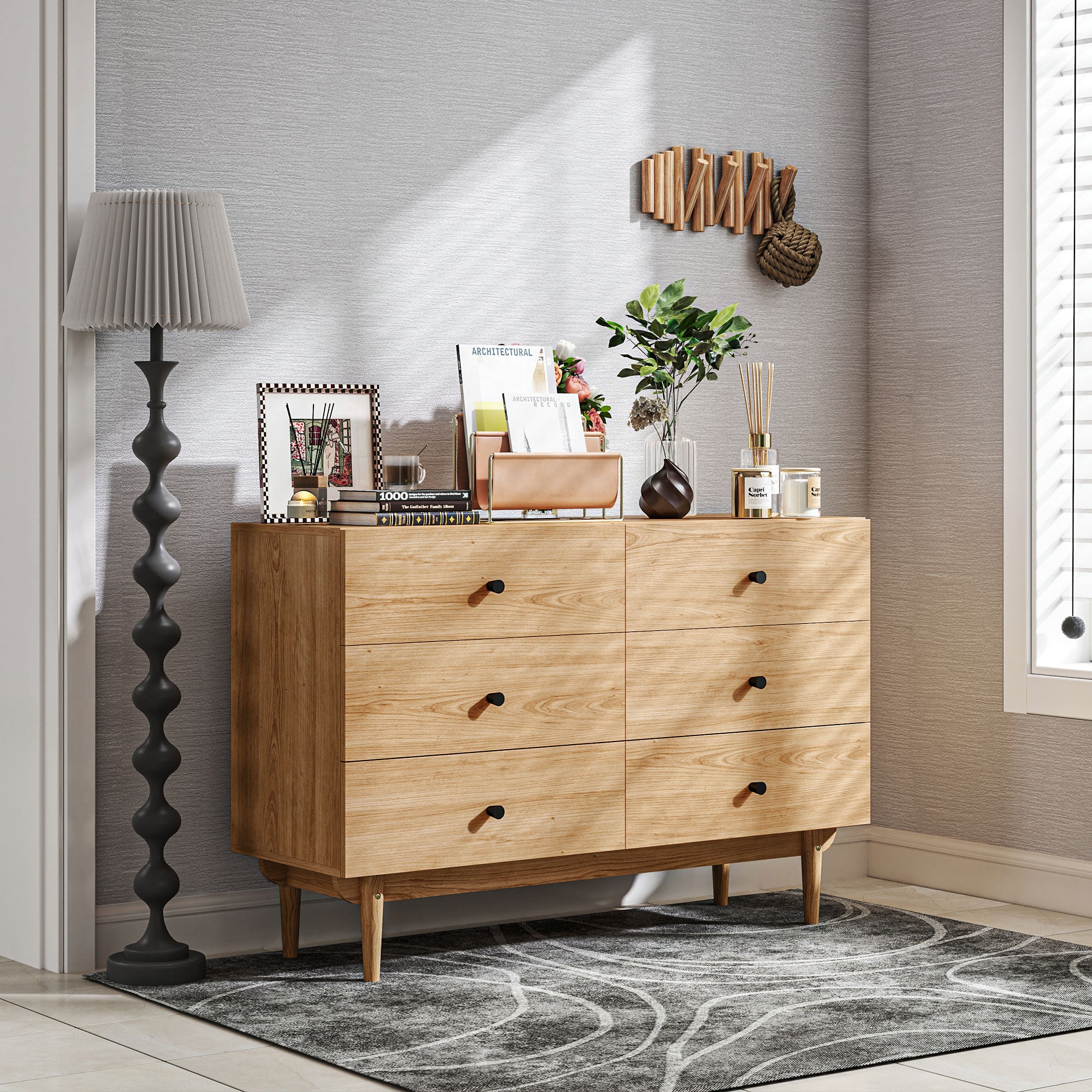 Commode 6 tiroirs meuble de rangement pieds en bois massif 120 x 40 x 80 cm couleur bois