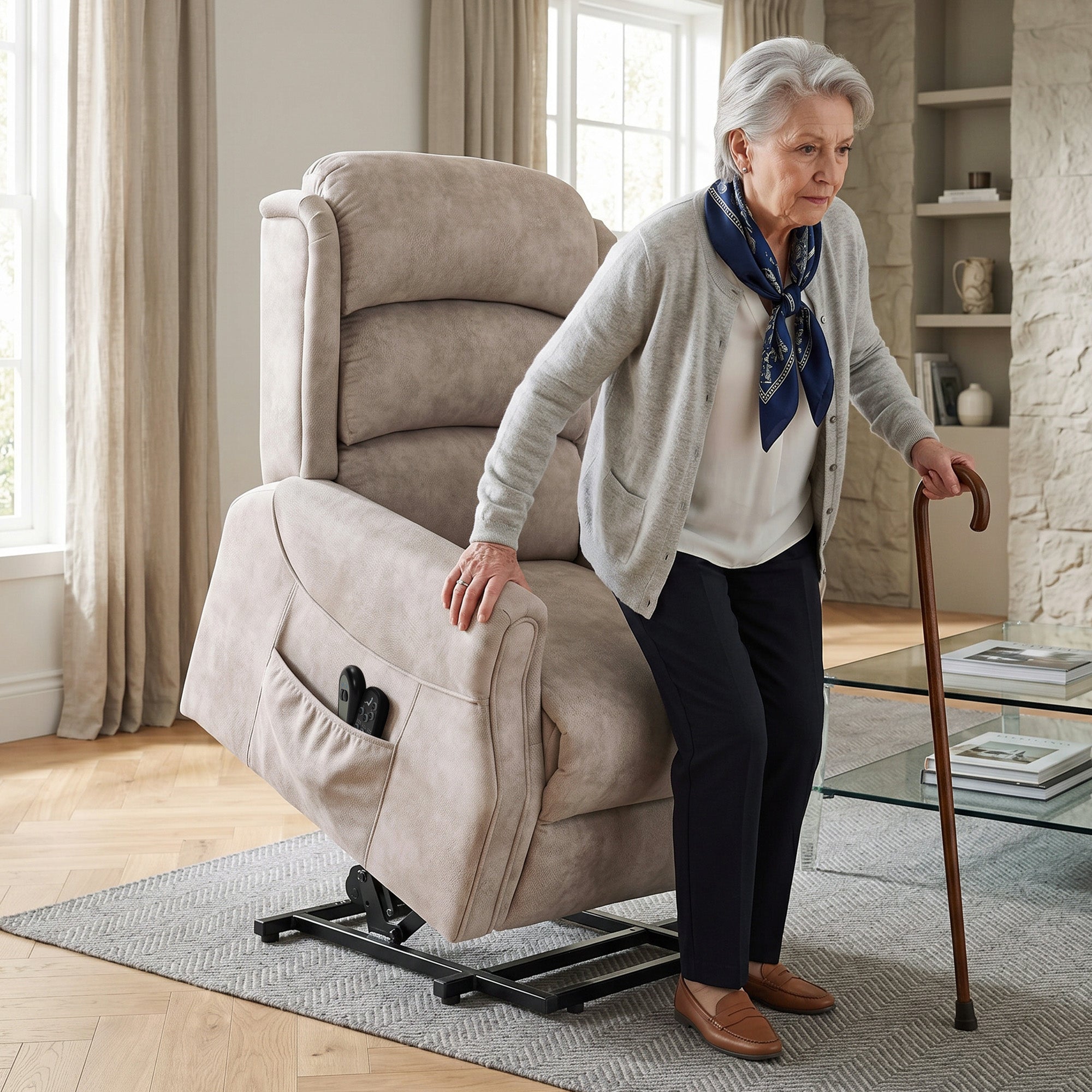 Fauteuil releveur électrique massage vibration et chaleur fauteuil relax électrique velours dossier inclinable coussin à ressorts poches latérales télécommande repose-pieds montage facile beige