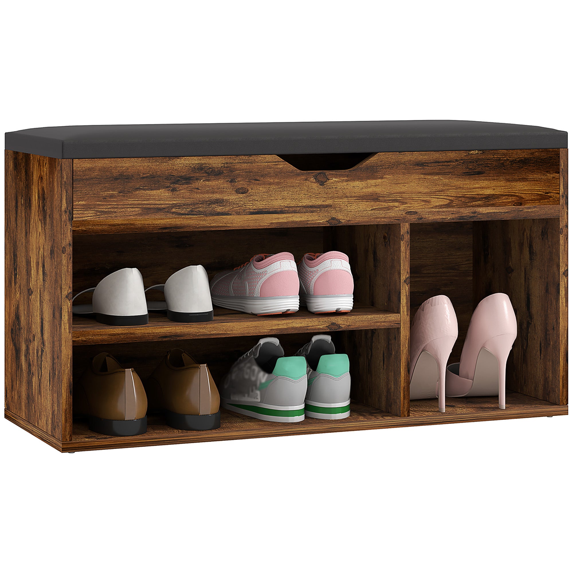 Meuble Chaussures Banc à Chaussures 2 Niveaux Rangement, Niche + Coffre intégré avec Coussin Effet bois d'acajou