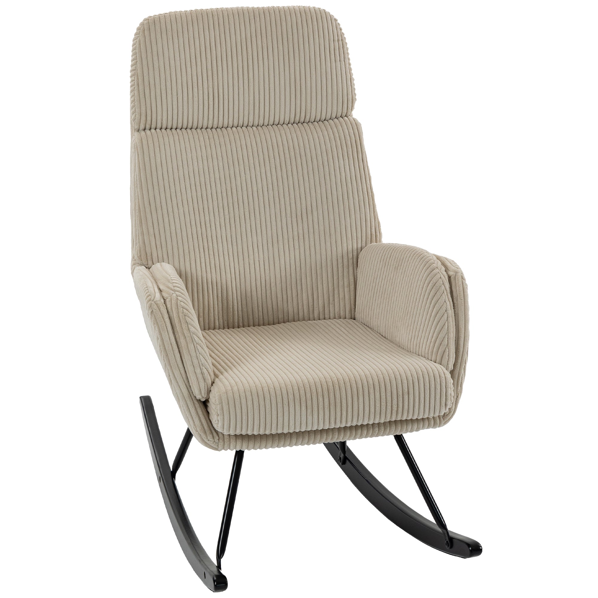Fauteuil à Bascule, Rocking Chair en Velours Côtelé avec Dossier Haut et Accoudoirs, Assise Rembourrée, Pieds en Bois d'hévéa, Chaise à Bascule Moderne pour Salon, Chambre, Beige