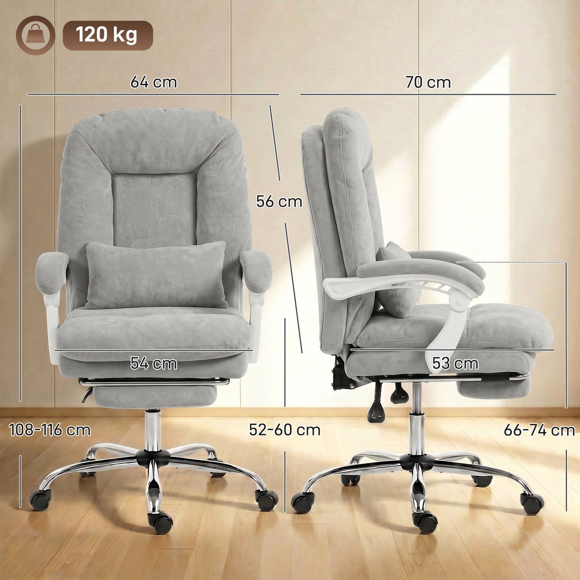 Chaise Bureau Ergonomique, Fauteuil de Bureau Inclinable en Velours avec Support Lombaire, Hauteur Réglable, Repose-Pieds, Coussin Épais, Travail Pivotante 360° pour Ordinateur, Gris Clair