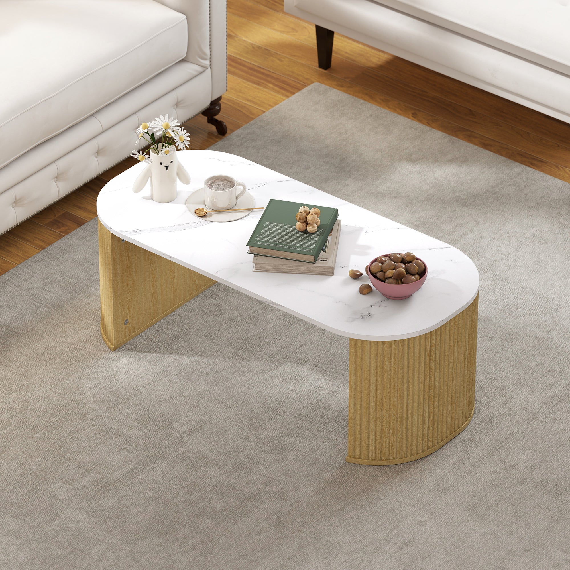 Table basse ovale, table d'appoint aspect effet marbre, avec coins arrondis et pieds épais, pour salon bureau chambre, 110 x 50 x 40 cm, blanc