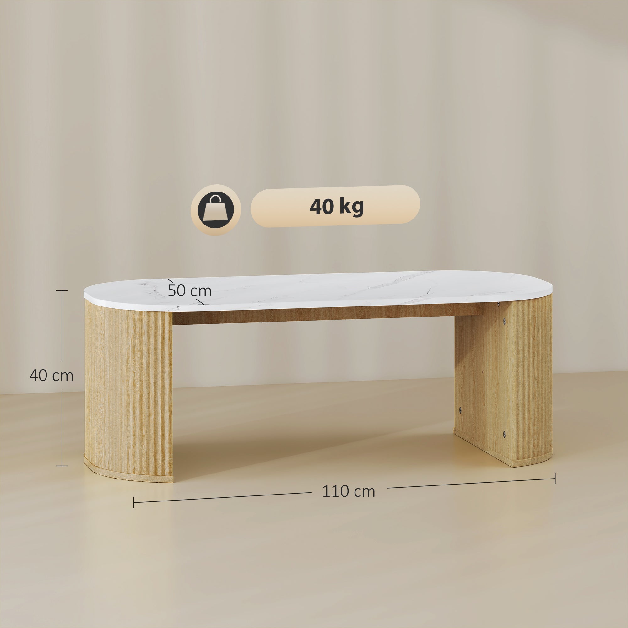Table basse ovale, table d'appoint aspect effet marbre, avec coins arrondis et pieds épais, pour salon bureau chambre, 110 x 50 x 40 cm, blanc