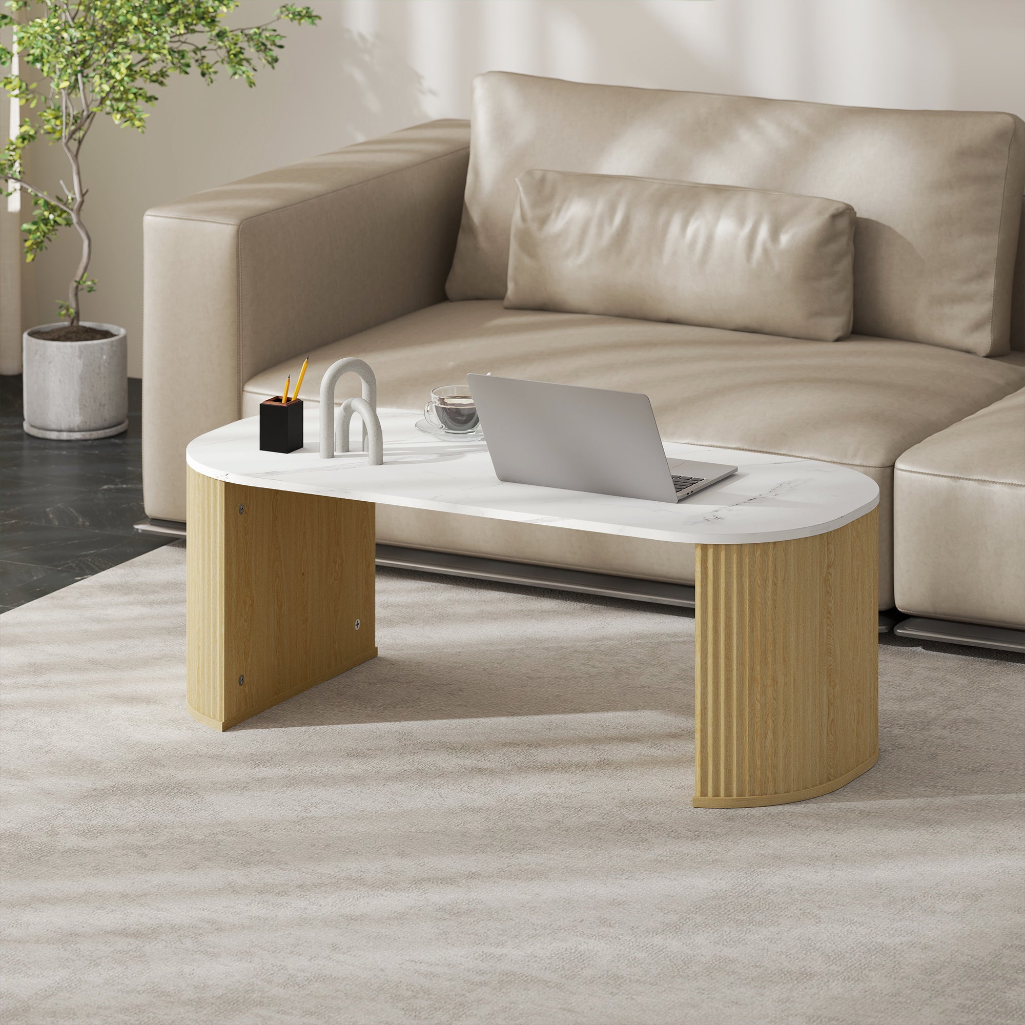 Table basse ovale, table d'appoint aspect effet marbre, avec coins arrondis et pieds épais, pour salon bureau chambre, 110 x 50 x 40 cm, blanc