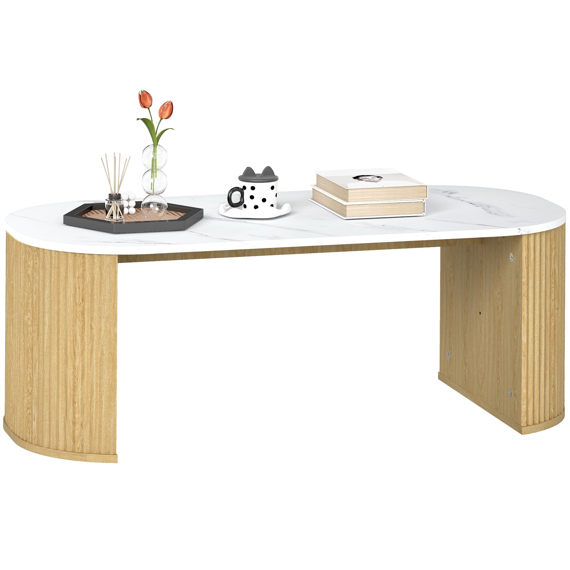 Table basse ovale, table d'appoint aspect effet marbre, avec coins arrondis et pieds épais, pour salon bureau chambre, 110 x 50 x 40 cm, blanc