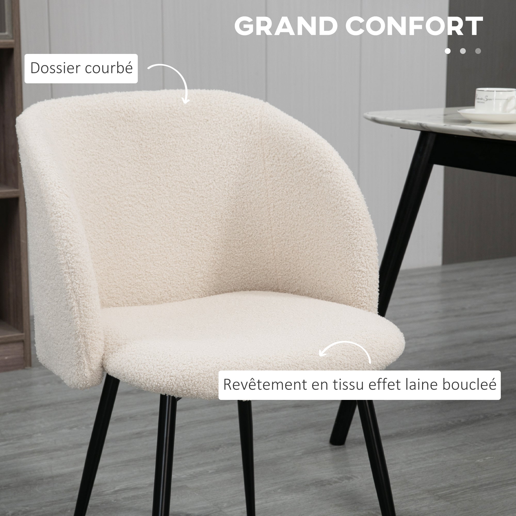Lot de 2 chaises de salle à manger chaise de cuisine en tissu effet laine boucleé chaise de salon avec pieds en acier - 55 x 62 x 80 cm beige noir