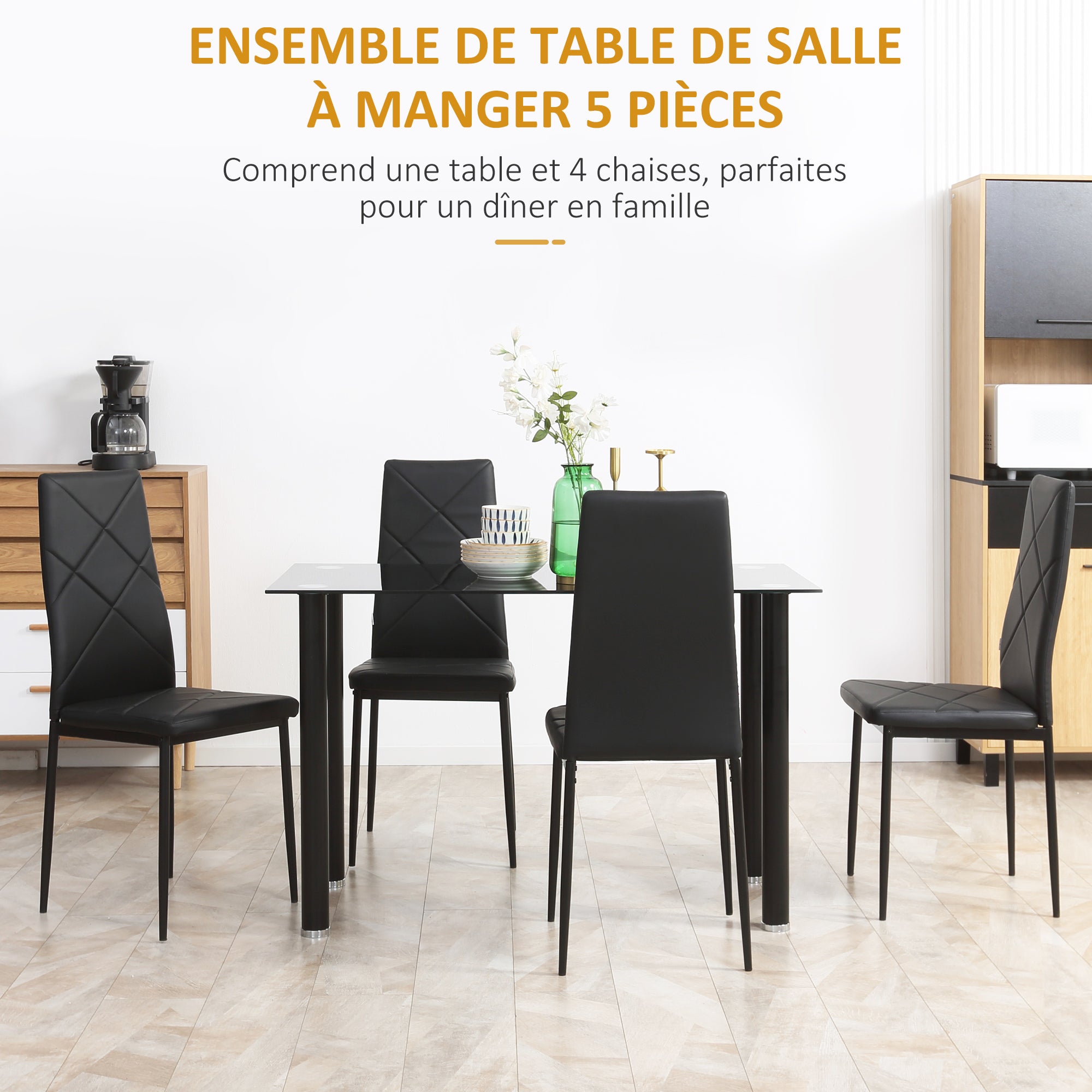 Ensemble de table à manger avec 4 chaises, ensemble de meubles 5 pièces de cuisine, plateau en verre trempé, pieds en acier, noir