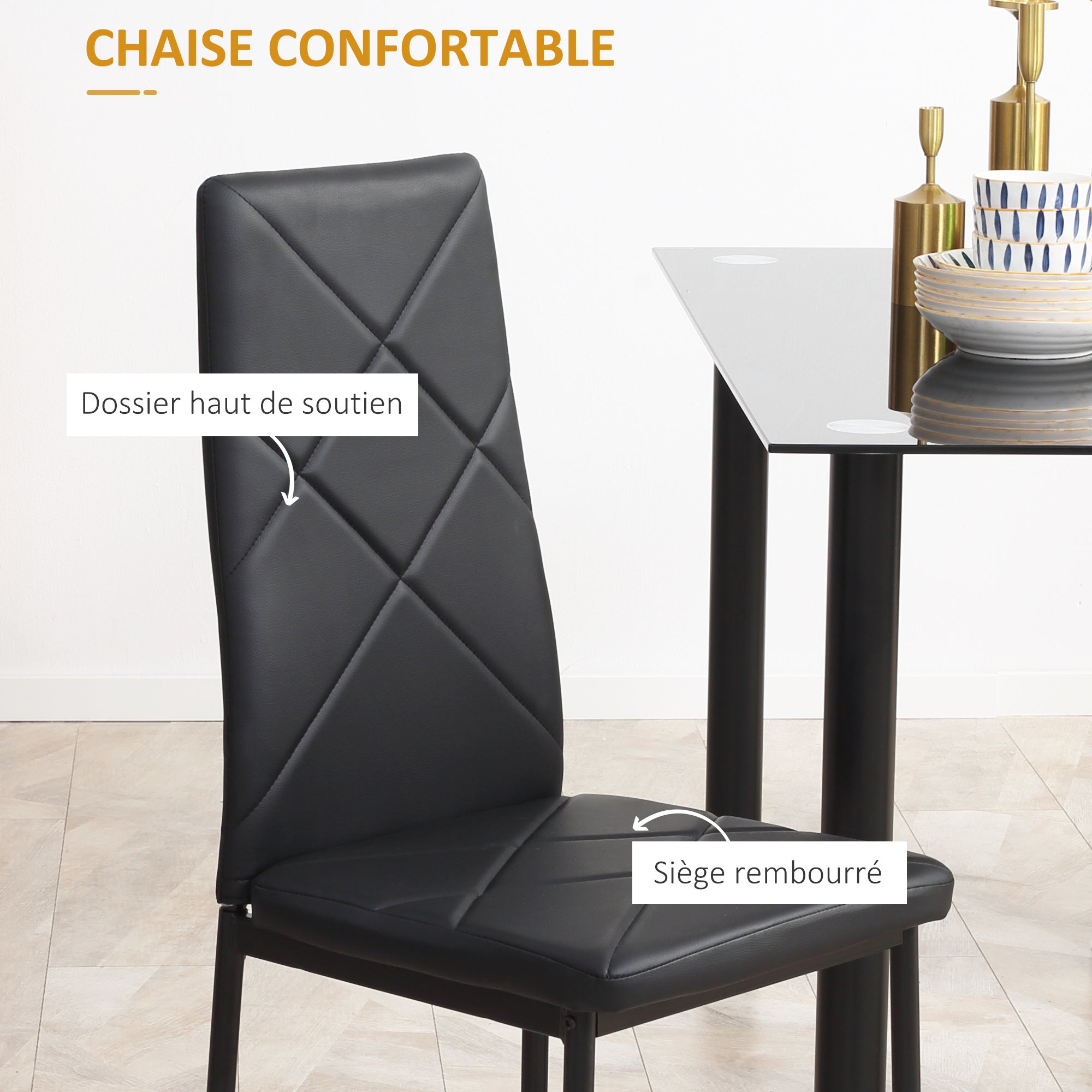 Ensemble de table à manger avec 4 chaises, ensemble de meubles 5 pièces de cuisine, plateau en verre trempé, pieds en acier, noir